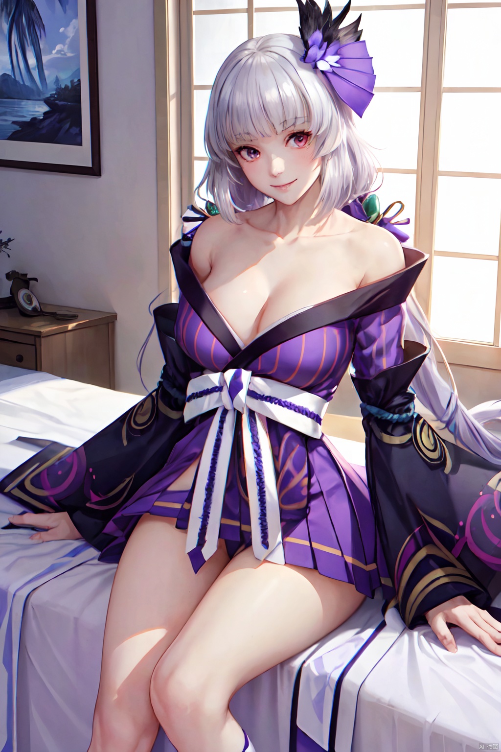 ((masterpiece)), (((best quality))), ((ultra-detailed)), (highly detailed), extremely detail description, ultra-fine painting, ((illustration)), professional, vivid colors, highres, sharp focus, cowboy shot, front view, straight-on, fcPortrait, yijinzhentian, 1girl, solo, mature female, milf, slut, looking at viewer, smile, seductive smile, sexy pose, sexually suggestive, sitting, sit on bed, spread legs, grey hair, hair ornament, long hair, light purple hair, bell, bangs, red eyes, beautiful detailed eyes, light red eyes, bare shoulders, collarbone, breasts, cleavage, japanese clothes, kimono, (winged arms), feathers, perfect female body, neat figure, slender waist, wide hips, slim legs, socks, indoors, bedroom, japanese bedroom, east asian architecture,,
