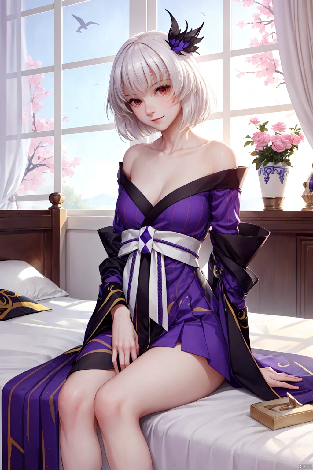 ((masterpiece)), (((best quality))), ((ultra-detailed)), (highly detailed), extremely detail description, ultra-fine painting, ((illustration)), professional, vivid colors, highres, sharp focus, cowboy shot, front view, straight-on, fcPortrait, yijinzhentian, 1girl, solo, mature female, milf, slut, looking at viewer, smile, seductive smile, sexy pose, sexually suggestive, sitting, sit on bed, spread legs, grey hair, hair ornament, long hair, light purple hair, bell, bangs, red eyes, beautiful detailed eyes, light red eyes, bare shoulders, collarbone, breasts, cleavage, japanese clothes, kimono, (arm wing), feathers, perfect female body, neat figure, slender waist, wide hips, slim legs, socks, indoors, bedroom, japanese bedroom, east asian architecture,,