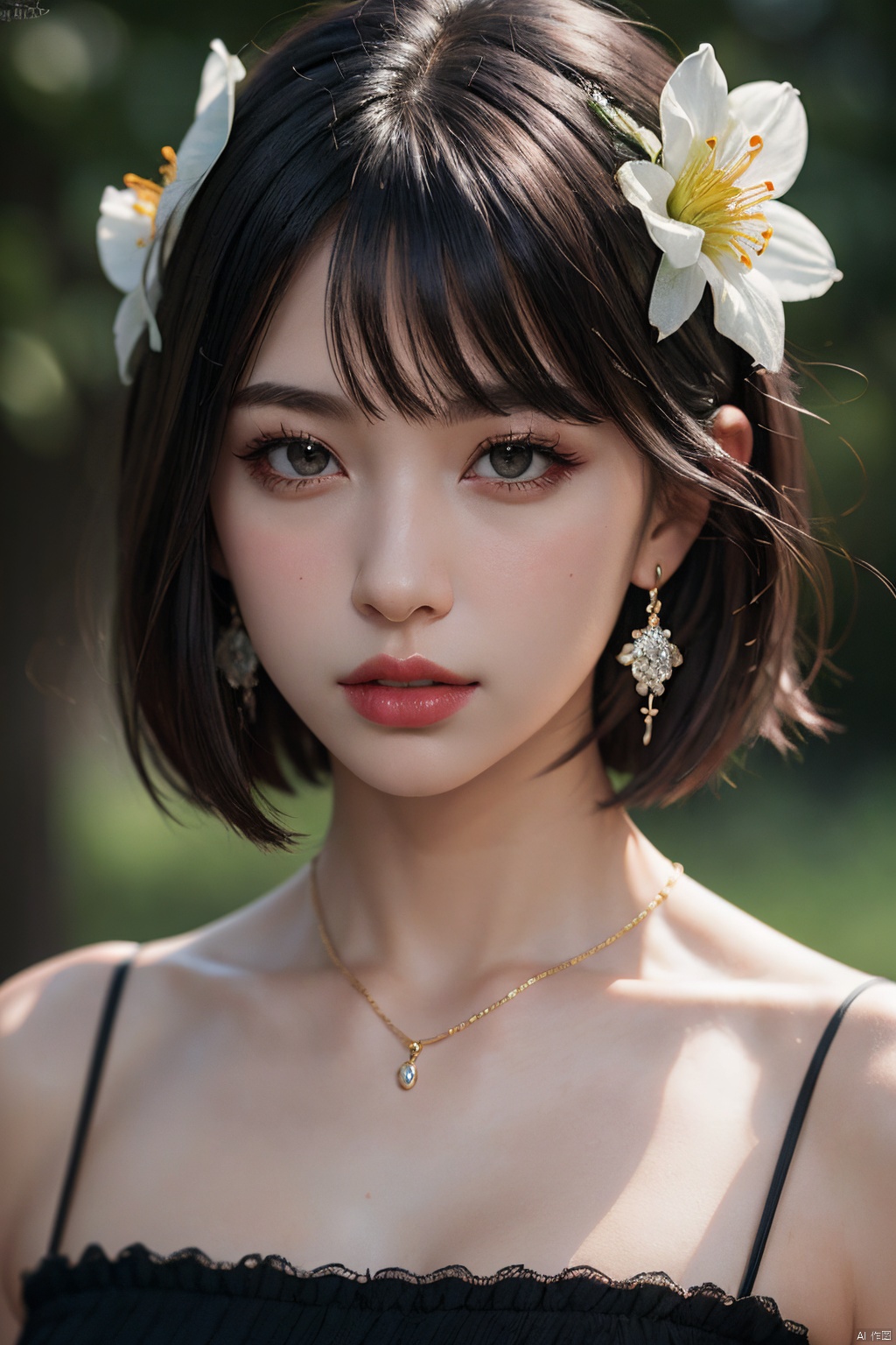 1girl,  solo,  black hair,  short hair,  jewelry,  realistic,  earrings,  hair ornament,  black eyes,  lips,  collarbone,  flower,  watermark,  upper body,  portrait,  hair flower,  dress,  close_mouth,<lora:EMS-276654-EMS:0.800000>