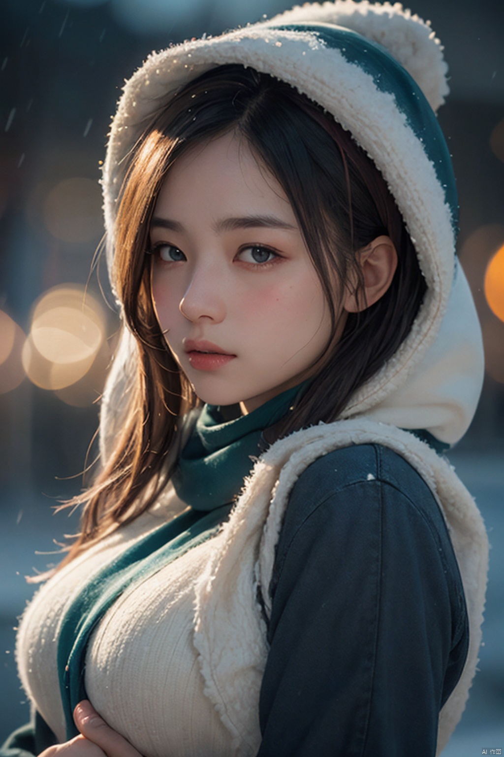 masterpiece, best quality, official art, extremely detailed CG unity 8k wallpaper, large breasts,  1girl,  upper body,  face close up, scarf,  maid,  snow shelter, exposure blend,  medium shot,  bokeh,  (hdr:1.4),  high contrast,  (cinematic,  teal and orange:0.85),  (muted colors,  dim colors,  soothing tones:1.3),<lora:EMS-276654-EMS:0.800000>