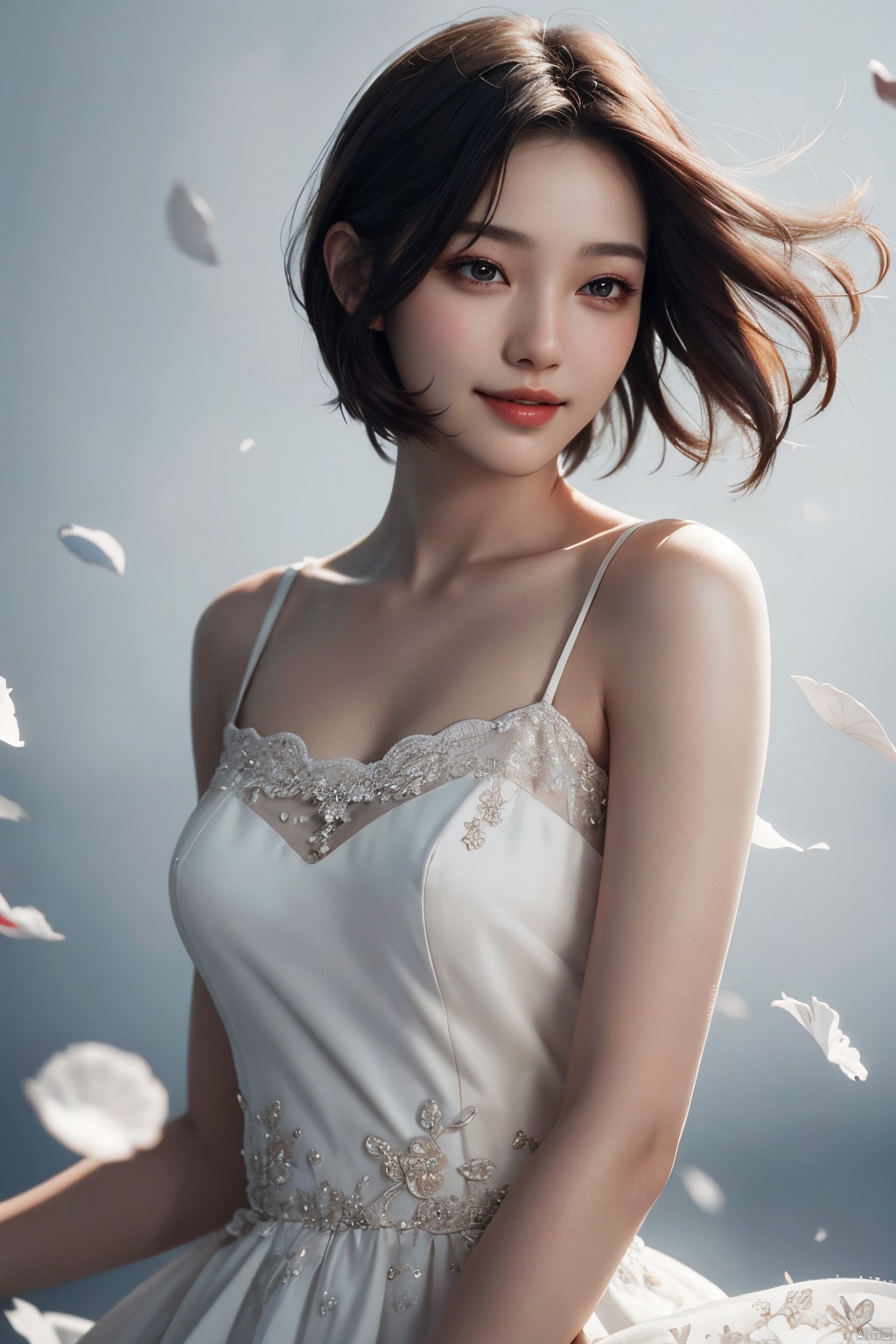 extremely detailed, realistic, 1girl, looking at viewer, side, beauty, floating petals, blurry background, HYD, Split Lighting, deep shadow, cowboy shot, white dress, floating petals, Kpop_idol face, short hair, jitome, calm smile,<lora:EMS-276654-EMS:0.800000>