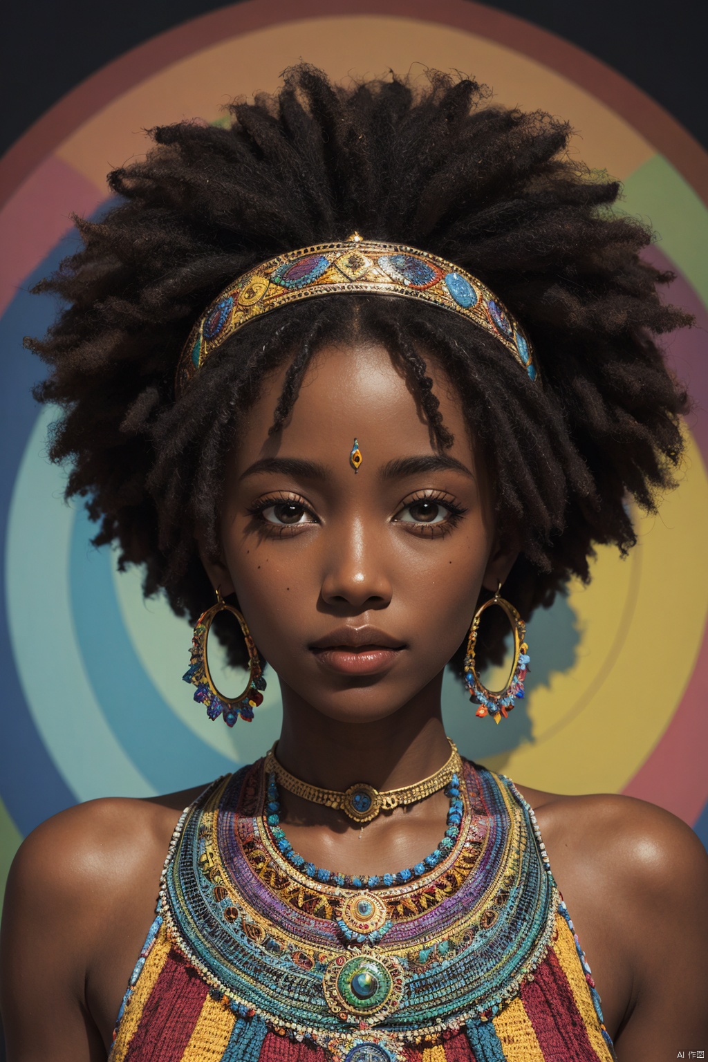 high quality,  masterpiece,  1girl,  African queen,  afro,  psychedelic