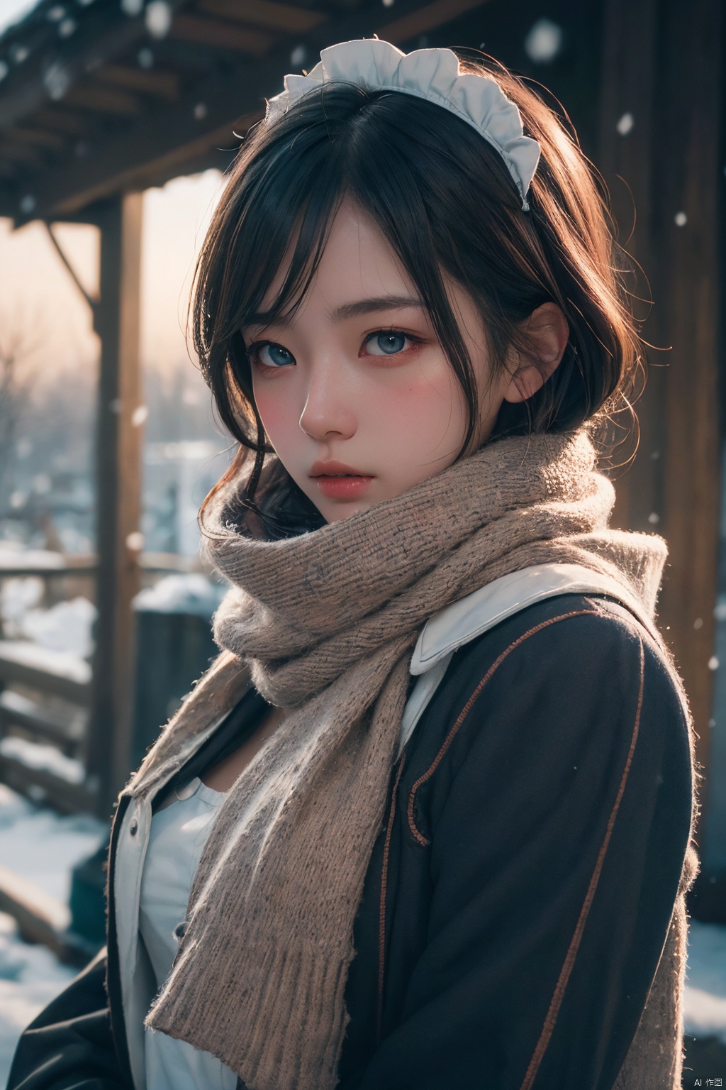 masterpiece, best quality, official art, extremely detailed CG unity 8k wallpaper,  1girl,  upper body,  face close up, scarf,  maid,  snow shelter, exposure blend,  medium shot,  bokeh,  (hdr:1.4),  high contrast,  (cinematic,  teal and orange:0.85),  (muted colors,  dim colors,  soothing tones:1.3),<lora:EMS-276654-EMS:0.800000>