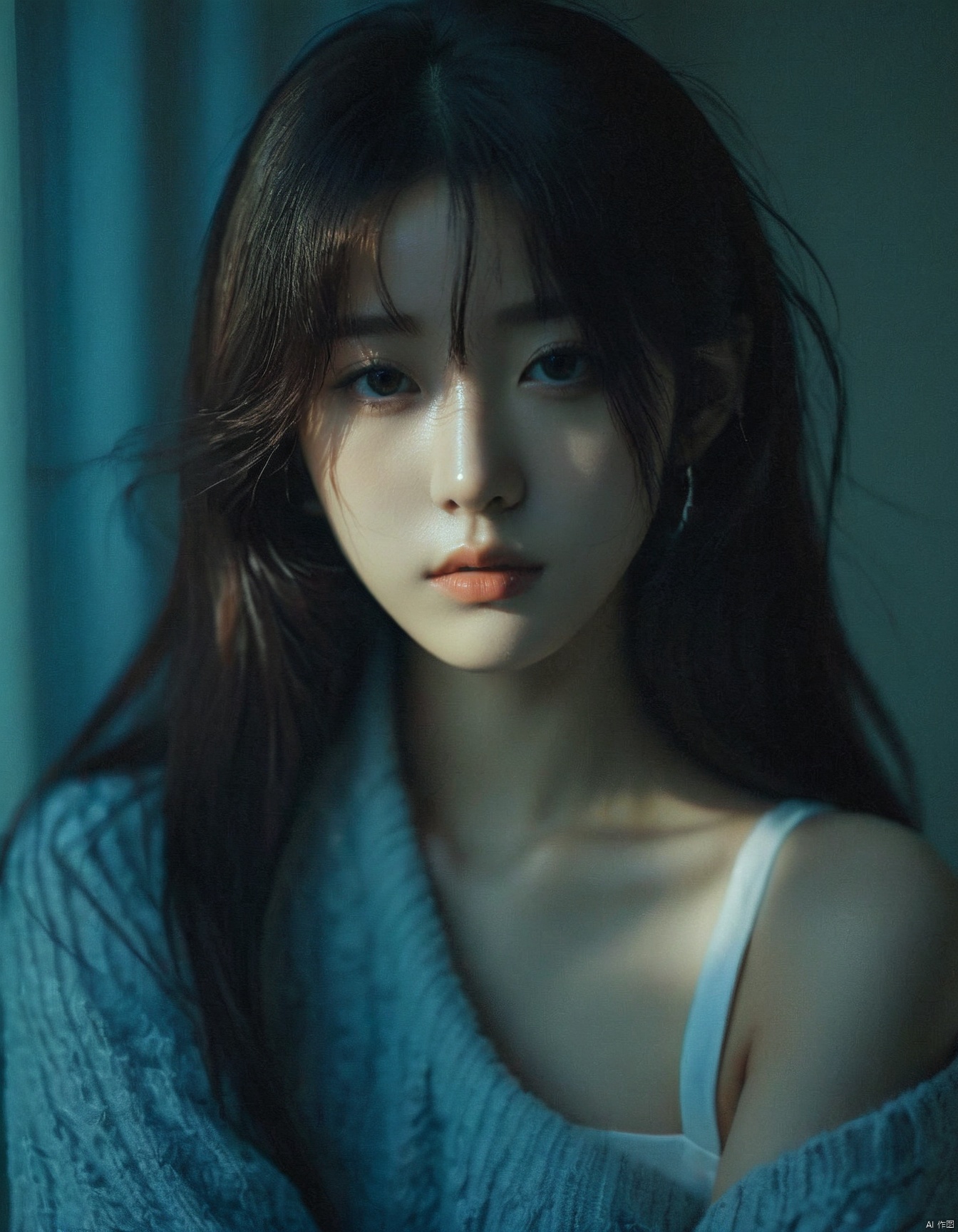  a young woman,looking at the camera,posing,ulzzang,naver fanpop,ffffound,streaming on twitch,character album cover,blues moment,style of Alessio Albi,daily wear,moody lighting,appropriate comparison of cold and warm,reality,
