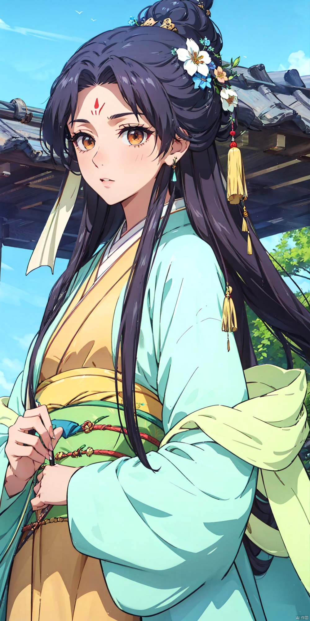 1girl, solo, long hair, black hair, hair ornament, brown eyes, upper body, flower, outdoors, japanese clothes, sky, day, hair flower, kimono, forehead mark, hanfu