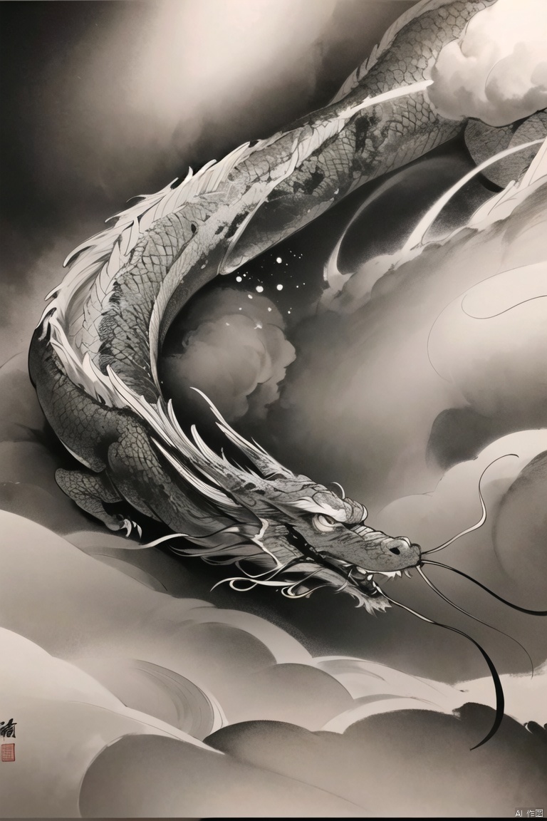 (best quality, ultra-detailed, realistic:1.37), ink dragon, monochrome, within the mist, claws, facial expression, ink landscape, detailed eyes, serene atmosphere, ink wash strokes, ethereal, light and shadow contrasts, black and white tones, subtle gradations, traditional Chinese painting, dreamlike ambiance, traditional ink techniques, sublime beauty, flowing water, dragon scales, artistic representation, flourishing ink splatters, majestic presence, hidden within the clouds, entangled mist, spiritual presence, traditional aesthetics, graceful movement, dynamic ink lines, dramatic composition, monumental ink mountains, captivating ink textures, expressive ink strokes, mysterious aura, intricate ink details, poetic depth, lively brushwork, ink wash blending., Chinese Dragon