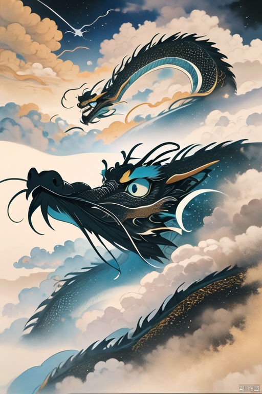 best quality,4k,8k,highres,masterpiece:1.2),ultra-detailed,(realistic,photorealistic,photo-realistic:1.37),ink painting,dragons,expressive,detailed eyes,detailed lips,claws,ethereal clouds, In this masterpiece, I want you to create a stunning ink painting of dragons. Each dragon should have expressive and intricate features, with attention given to their detailed eyes and lips. The dragons should possess powerful and sharp claws. The scene is set in a mystical atmosphere with ethereal clouds floating in the background, adding a sense of magic and mystery to the artwork. The focus of this artwork is to create a high-quality ink painting, capturing the essence of traditional Chinese art. The dragons should be portrayed with extreme detail and realism, giving them a lifelike appearance. The overall image should have vivid colors and smooth transitions, imitating the texture of ink on paper. To enhance the artistic style, please add a subtle color tone reminiscent of traditional Chinese ink paintings. Ideally, , Chinese Dragon