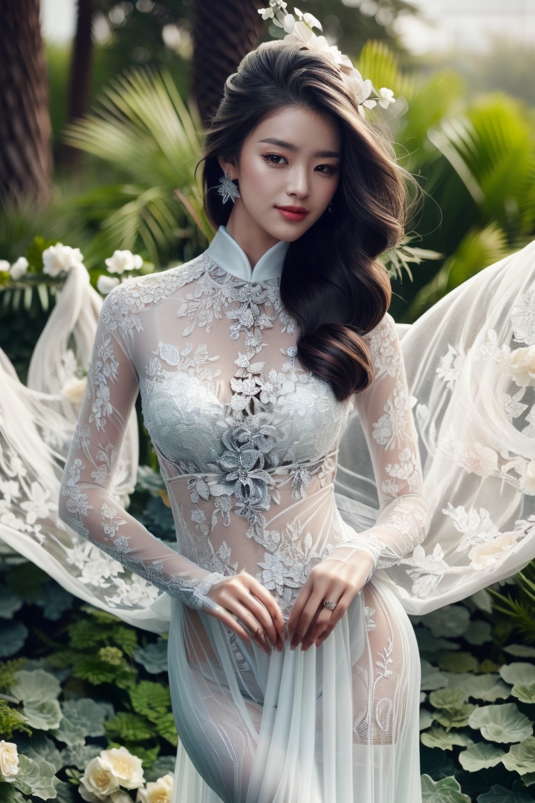 The image depicts a beauty vietnamese girl in white ao dai with her beauty lovely face smiling,  standing outdoors amidst...