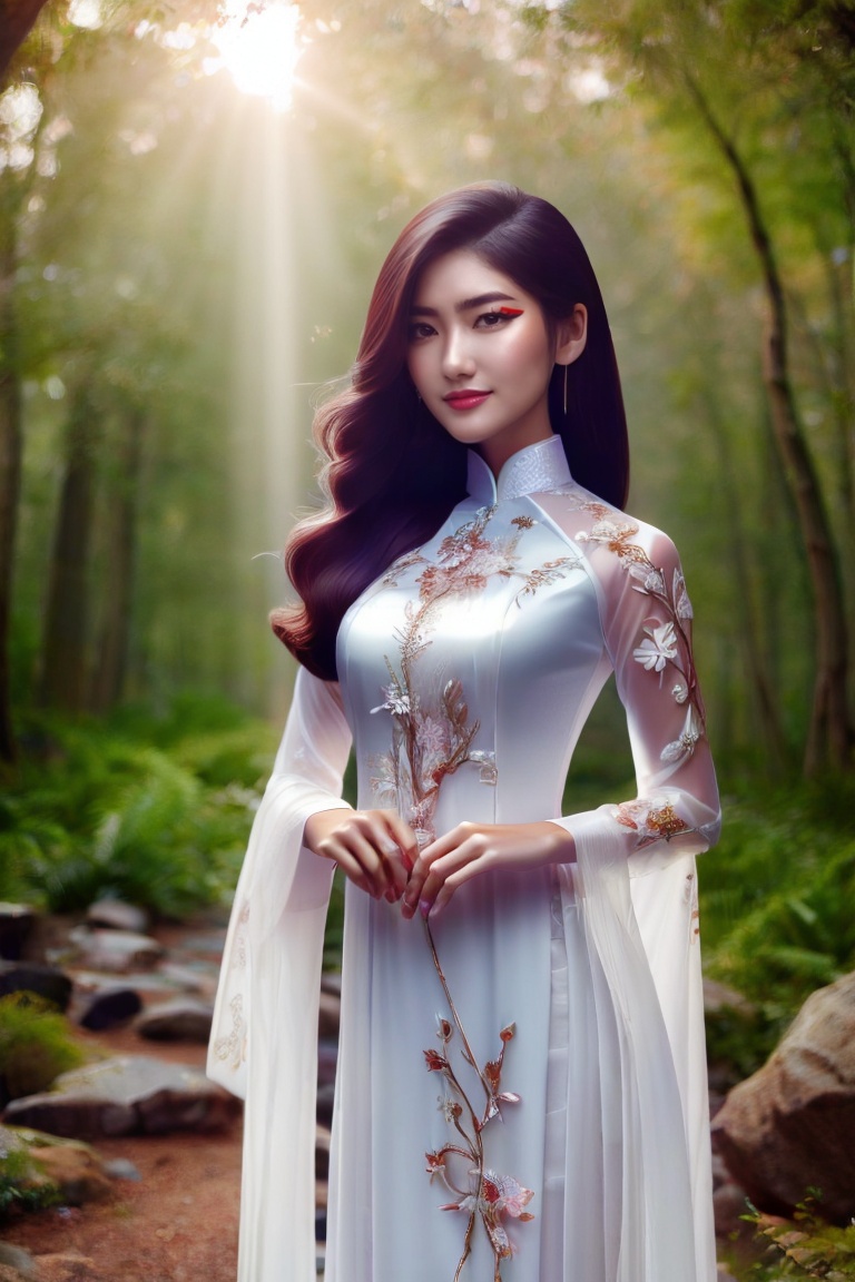 The image depicts a beauty vietnamese girl in white ao dai with her beauty lovely face smiling,  standing outdoors amidst...