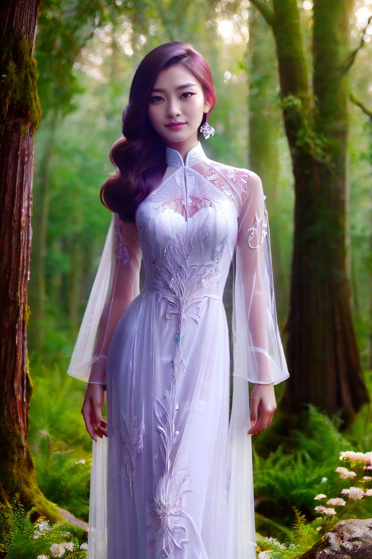 The image depicts a beauty vietnamese girl in white ao dai with her beauty lovely face smiling,  standing outdoors amidst...