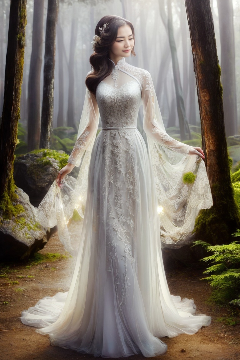 The image depicts a beauty vietnamese girl in white ao dai with her beauty lovely face smiling,  standing outdoors amidst...