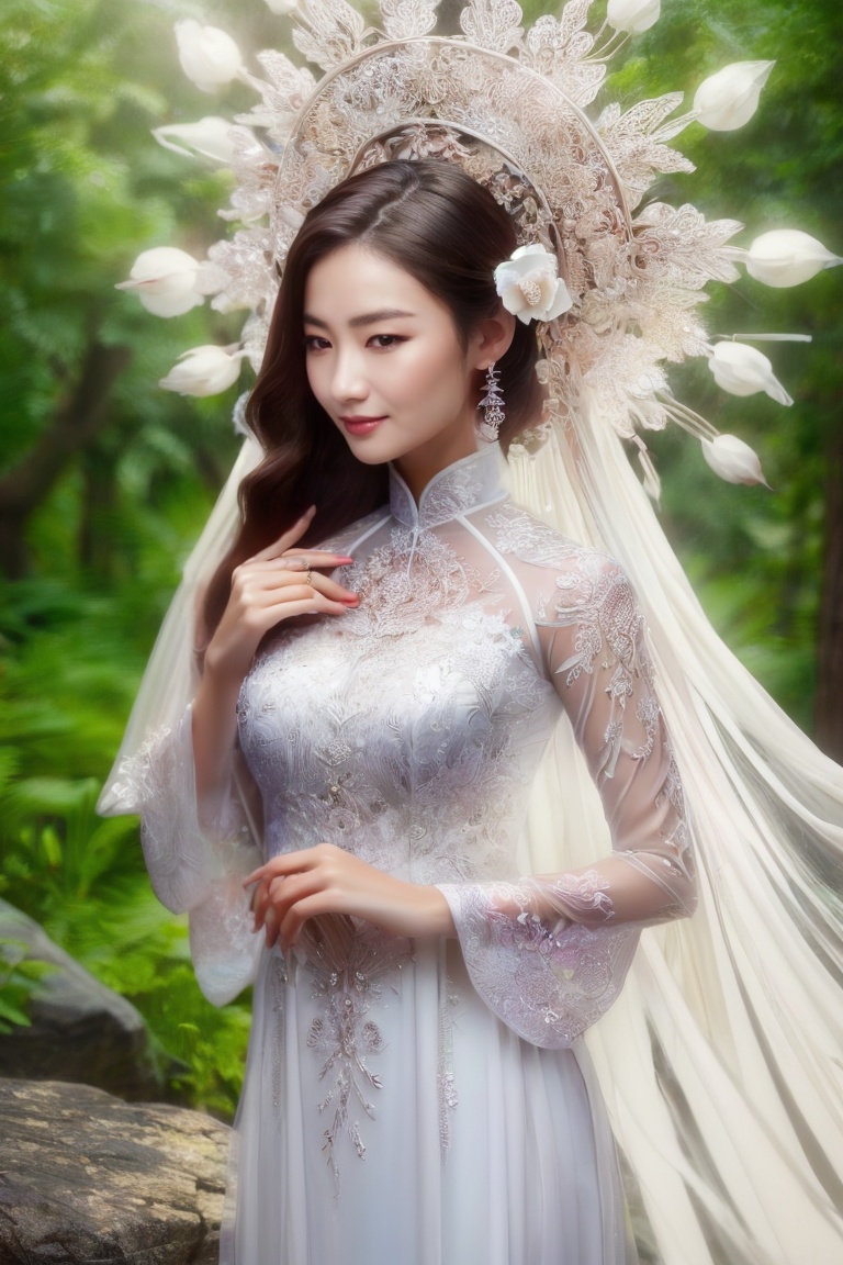The image depicts a beauty vietnamese girl in white ao dai with her beauty lovely face smiling,  standing outdoors amidst...