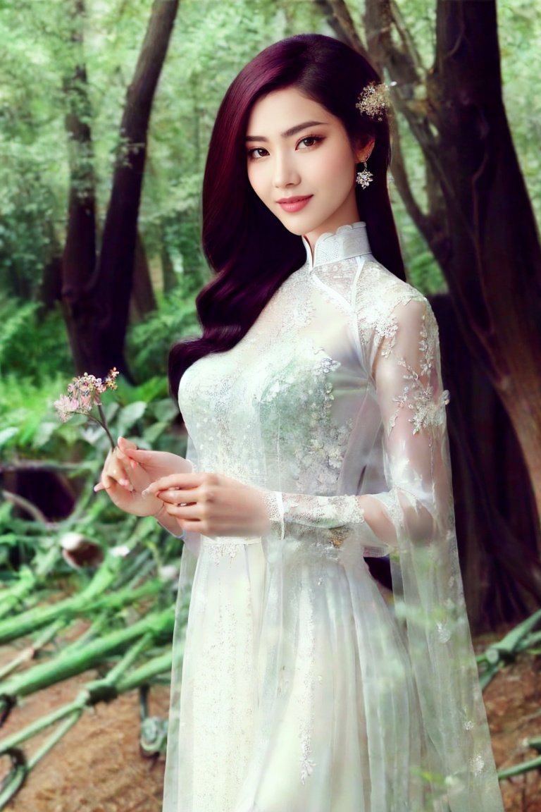 The image depicts a beauty vietnamese girl in white ao dai with her beauty lovely face smiling,  standing outdoors amidst...
