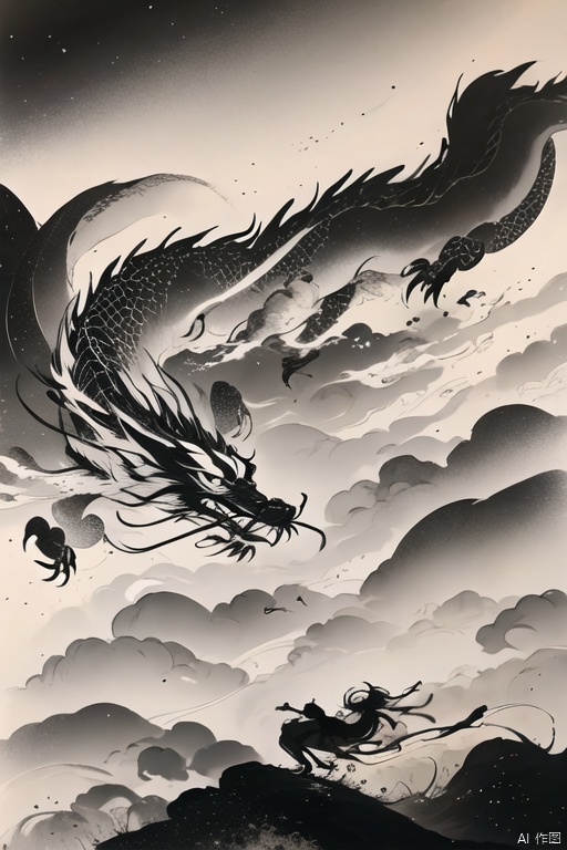  (best quality, super detailed,actual:1.37), ink dragon, monochrome,within the mist, expression,claws,auspicious clouds,full body, ink landscape,delicate eyes,peaceful atmosphere,ink strokes,ethereal, sublime, flowing, contrast of light and shadow,black and white tones, gradients,traditional Chinese painting,dream atmosphere,traditional painting techniques, beauty, scale, entangled, exist,traditional aesthetics,graceful movements,dynamic ink line,drama composition,Immortal Mothan, Charming ink texture, expressive ink strokes,mysterious aura,Intricate ink details,poetic depth,Lively brushstrokes,ink mix. Chinese Dragon