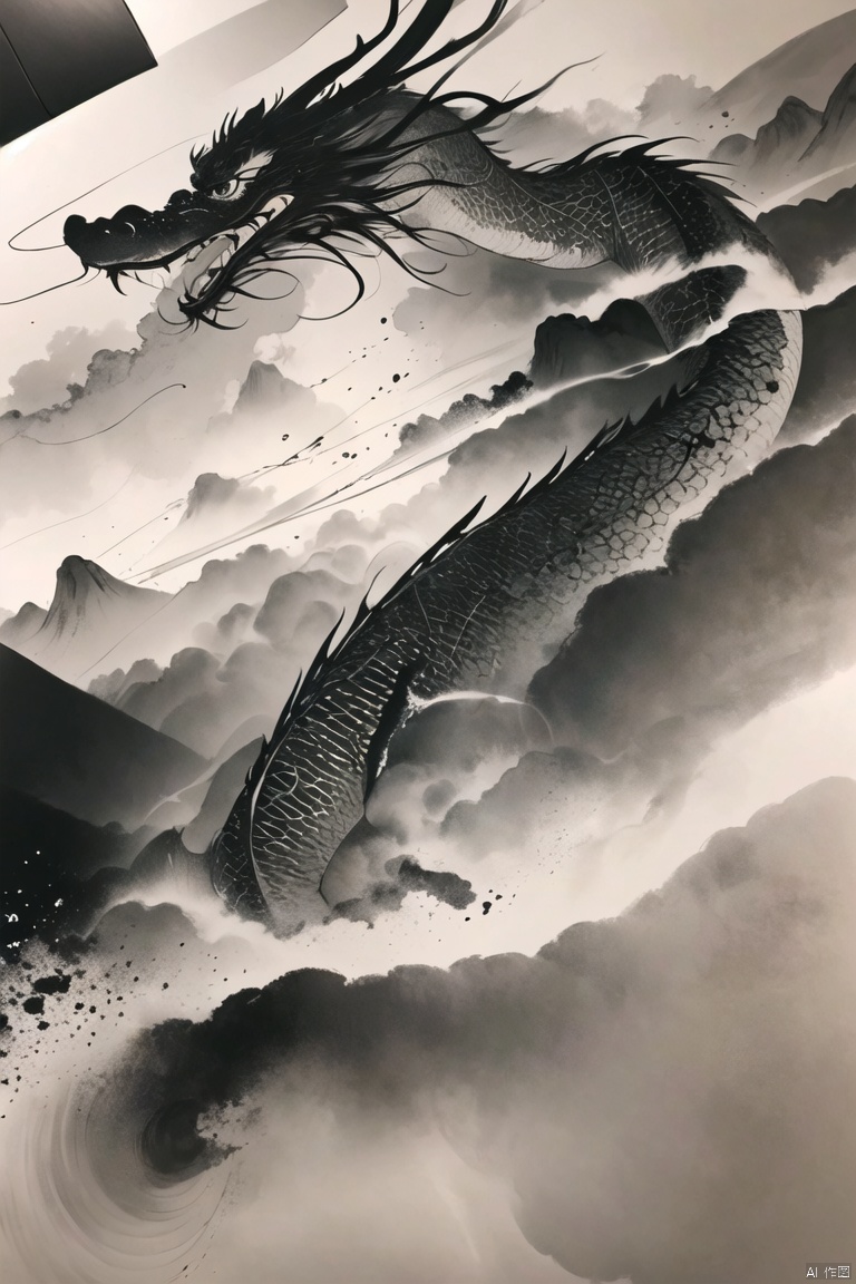(best quality, ultra-detailed, realistic:1.37), ink dragon, monochrome, within the mist, claws, facial expression, ink landscape, detailed eyes, serene atmosphere, ink wash strokes, ethereal, light and shadow contrasts, black and white tones, subtle gradations, traditional Chinese painting, dreamlike ambiance, traditional ink techniques, sublime beauty, flowing water, dragon scales, artistic representation, flourishing ink splatters, majestic presence, hidden within the clouds, entangled mist, spiritual presence, traditional aesthetics, graceful movement, dynamic ink lines, dramatic composition, monumental ink mountains, captivating ink textures, expressive ink strokes, mysterious aura, intricate ink details, poetic depth, lively brushwork, ink wash blending., Chinese Dragon