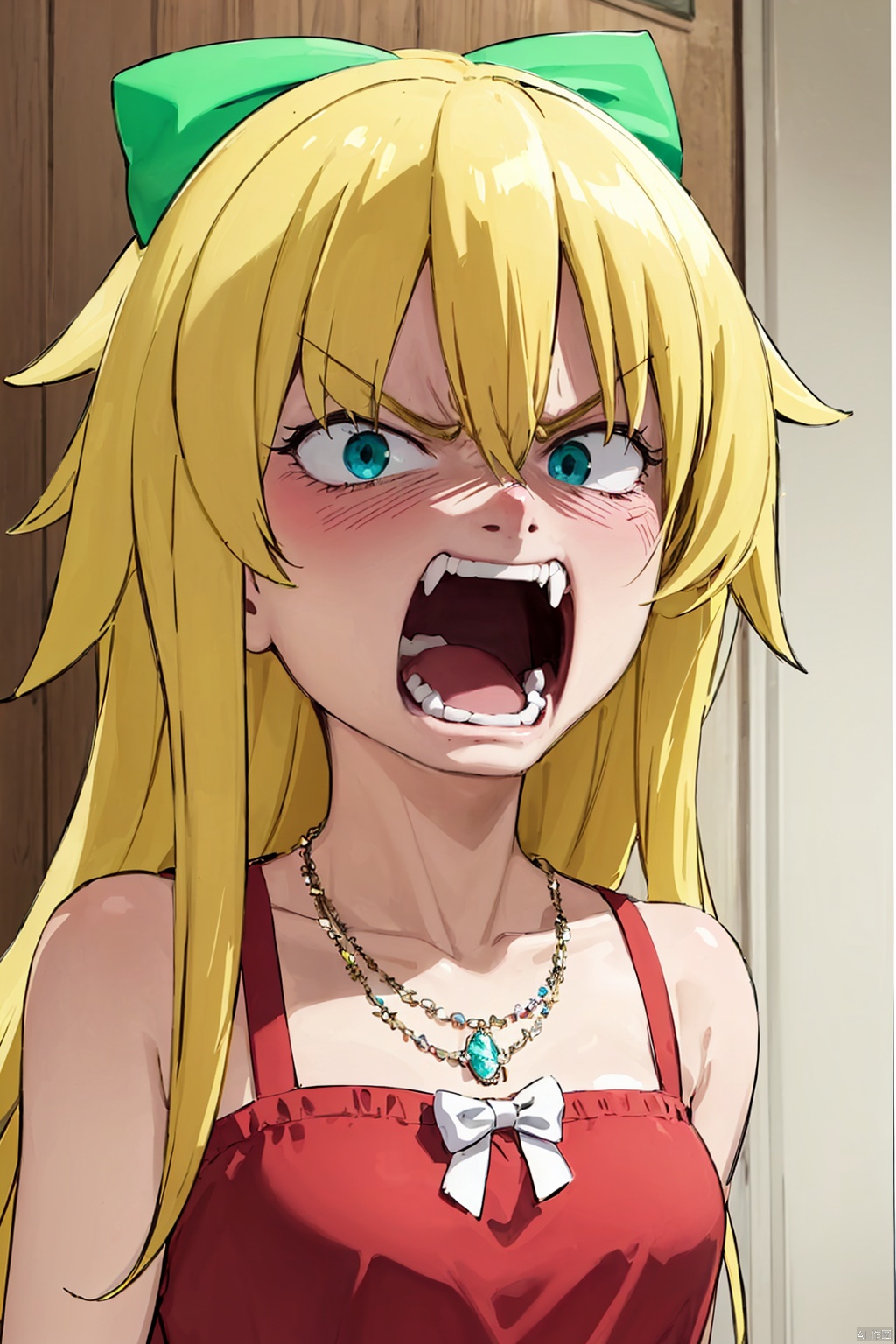1girl, solo, long hair, open mouth, blonde hair, bow, jewelry, hair bow, teeth, necklace, parody, angry, constricted pupils,kp