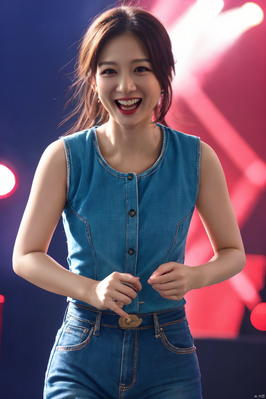  PHOTOREALISTIC REALISTIC, masterpiece, best quality, highres, ultra detailed, 8k,1woman,cowboy shot,looking at viewer,smile,teeth,open mouth,stage,stage light,chenqiaoen