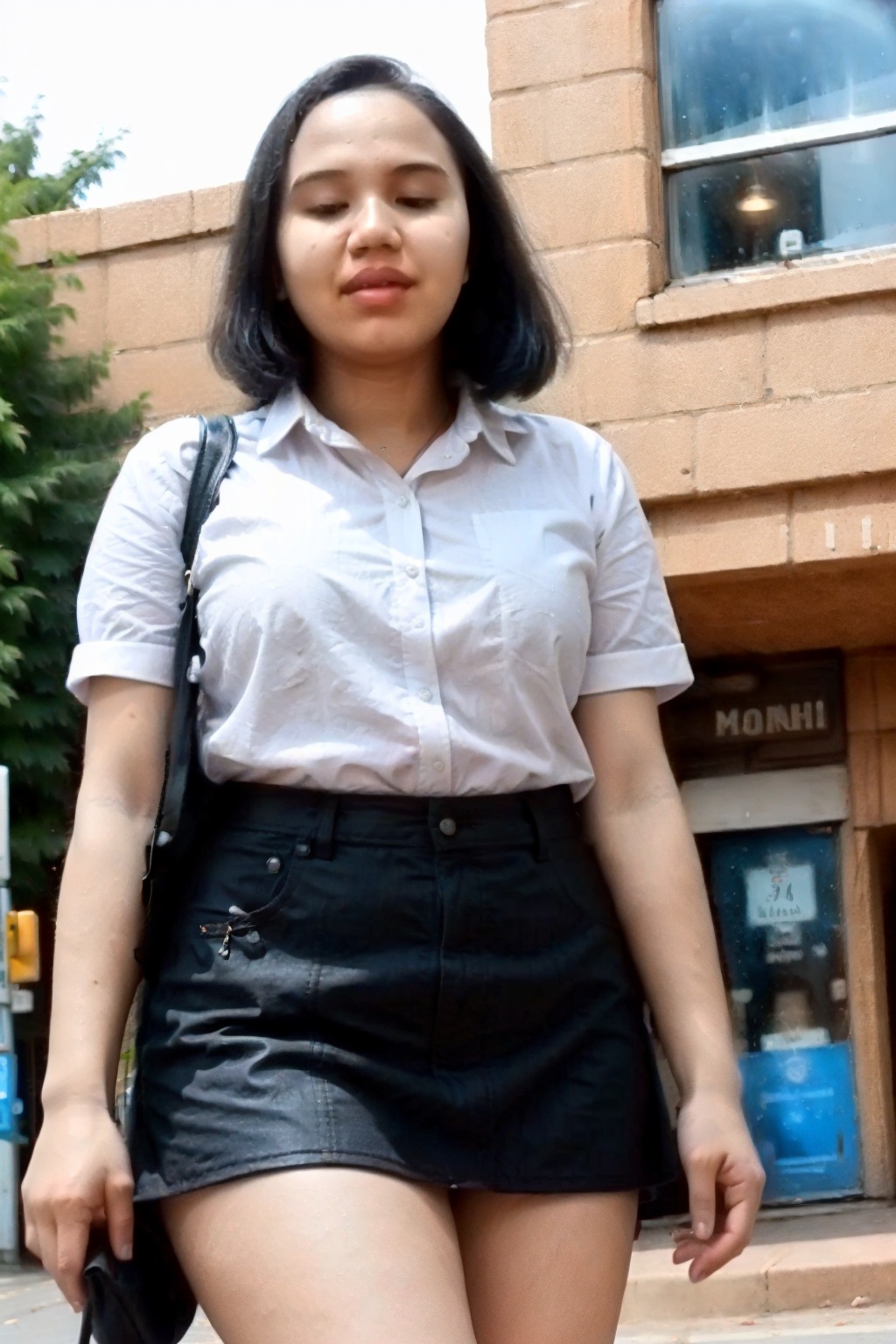 portrait of a beautiful girl standing in the street ,  Mini skirt,  outdoors on Tensor.Art