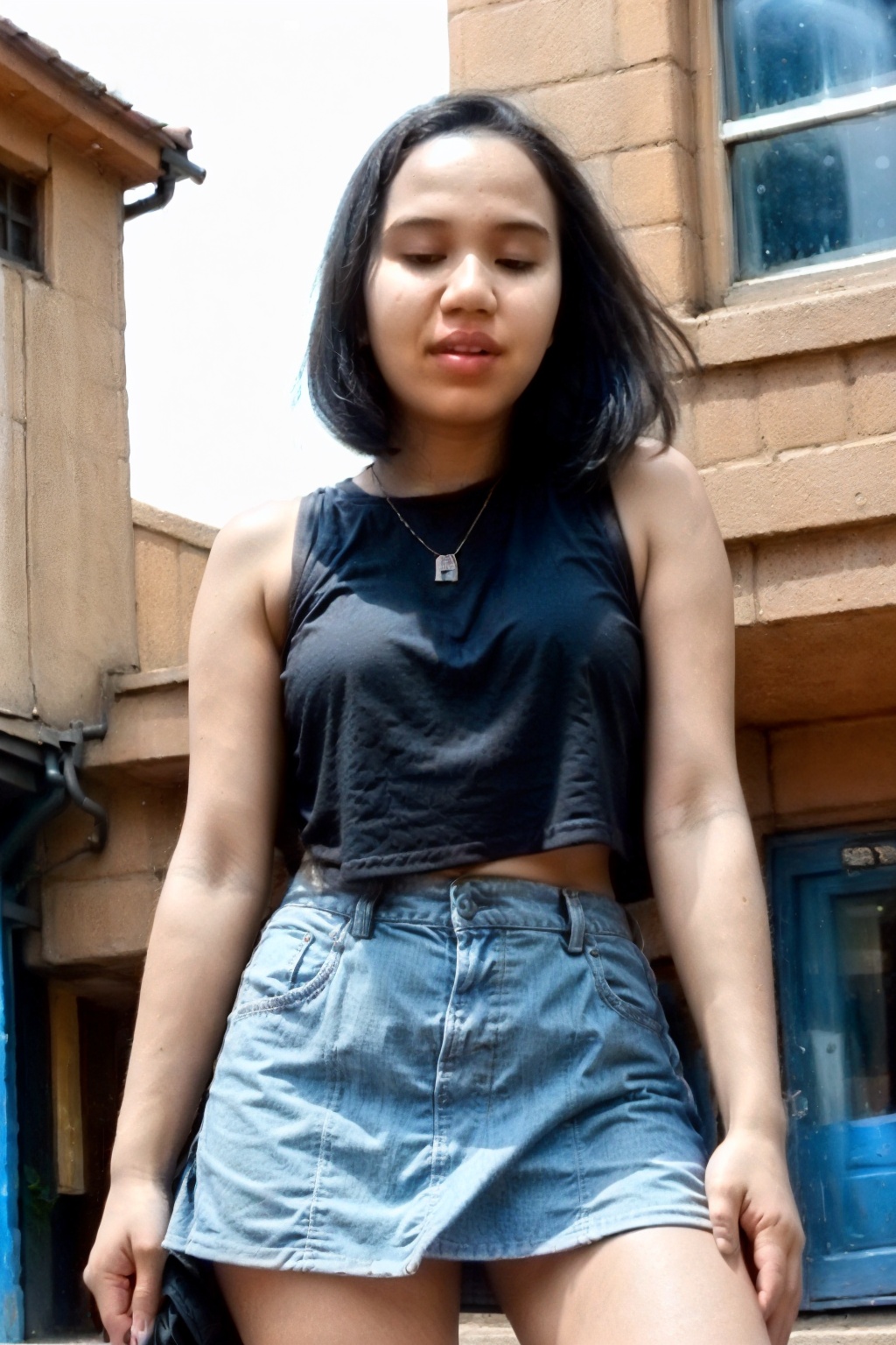 portrait of a beautiful girl standing in the street ,  Mini skirt,  outdoors on Tensor.Art