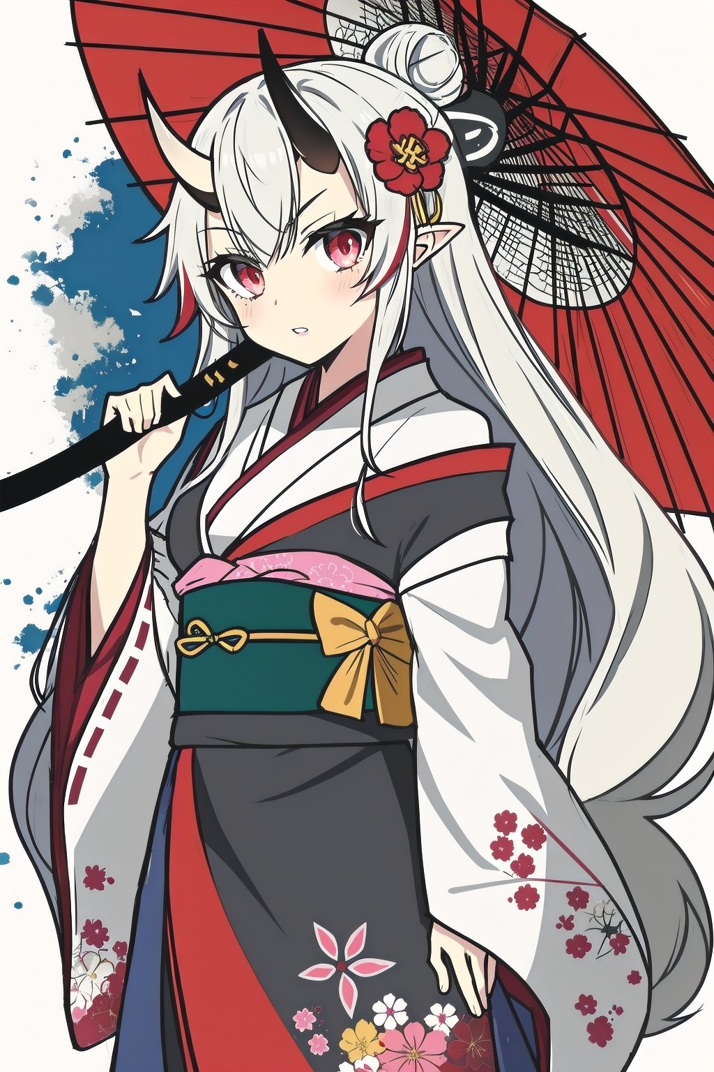 1girl, solo, long hair, looking at viewer, bangs, hair ornament, red eyes, long sleeves, holding, weapon, flower, white hair, grey hair, red hair, multicolored hair, frills, parted lips, japanese clothes, horns, sword, virtual youtuber, hair flower, wide sleeves, kimono, off shoulder, hair bun, holding weapon, arm up, streaked hair, sash, bell, gradient hair, umbrella, holding sword, obi, floral print, katana, frilled sleeves, red flower, sheath, tassel, oni horns, oni, holding umbrella, oil-paper umbrella, black kimono, spider lily, nakiri ayameLines,colored spray paint,colored ink drops,<lora:蔚蓝Blue水彩泼墨(2):0.7>,