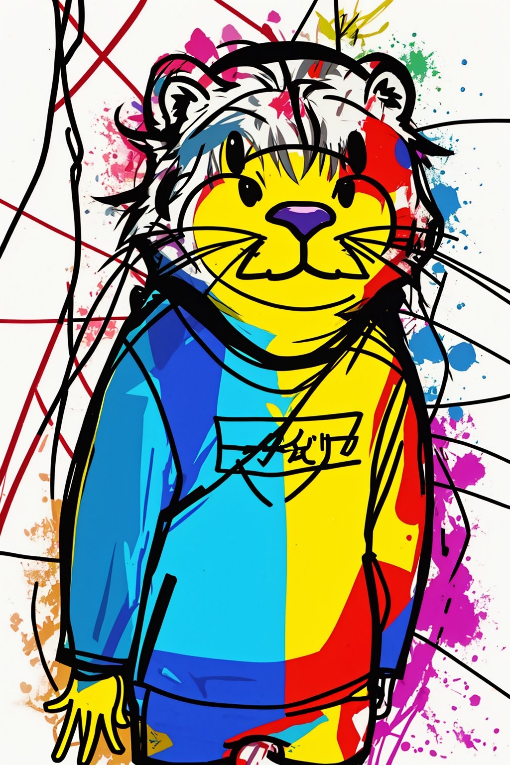 A cute animal,solo,cute,lines,rainbow colors,colored spray paint,colored ink drops,<lora:蔚蓝Blue水彩泼墨(2):0.7>,