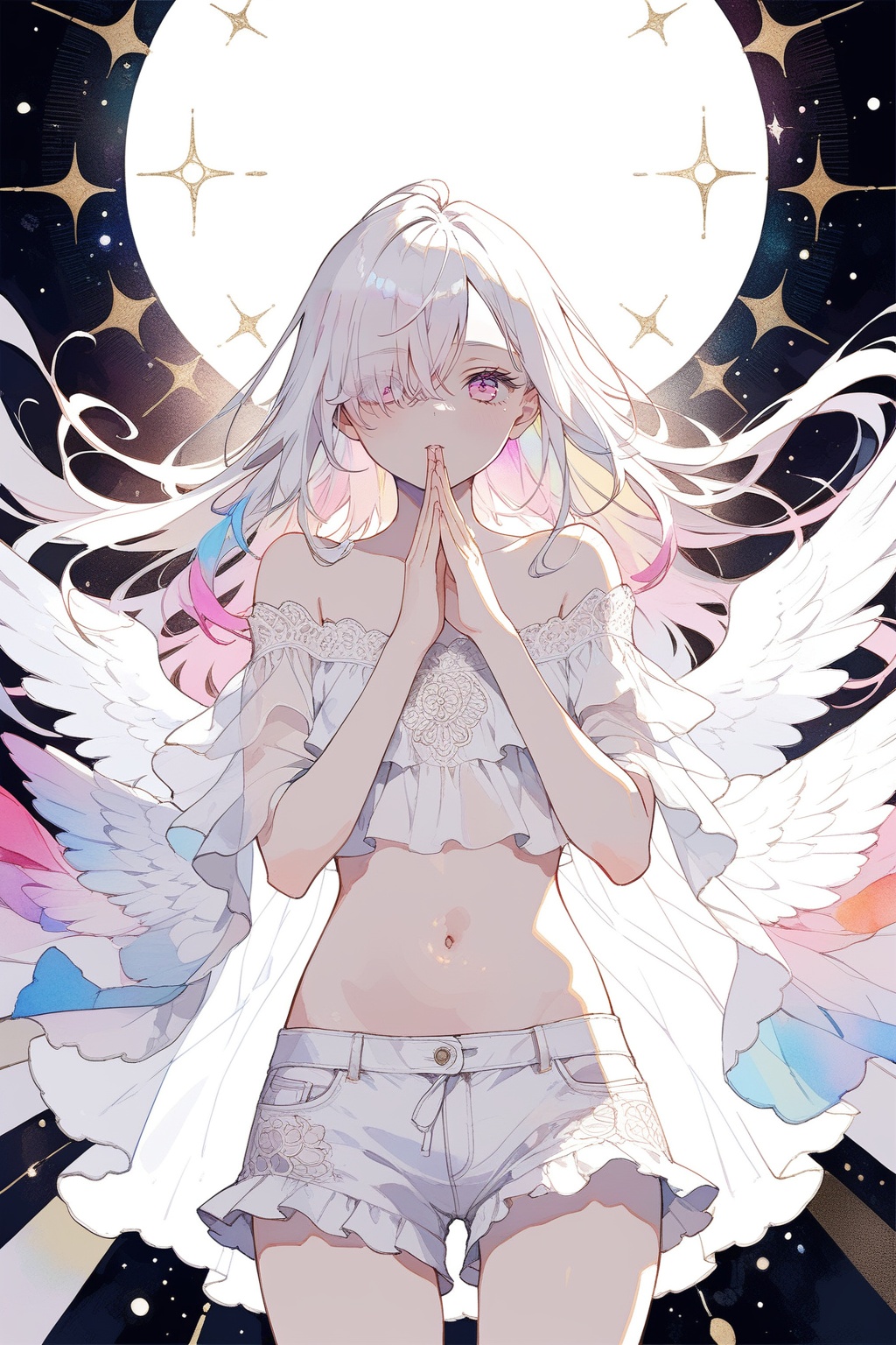 Angel girl with long straight white hair,  dark pink eyes,  hair covering her eye. White off-the-shoulder blouse on Tensor...