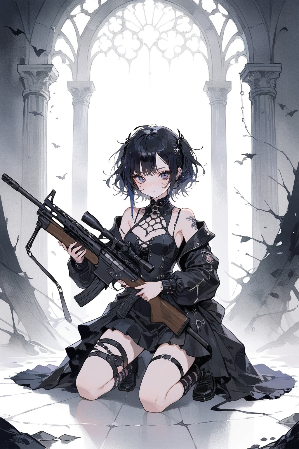 1girl,  gothicpunk,  holding sniper rifle on Tensor.Art