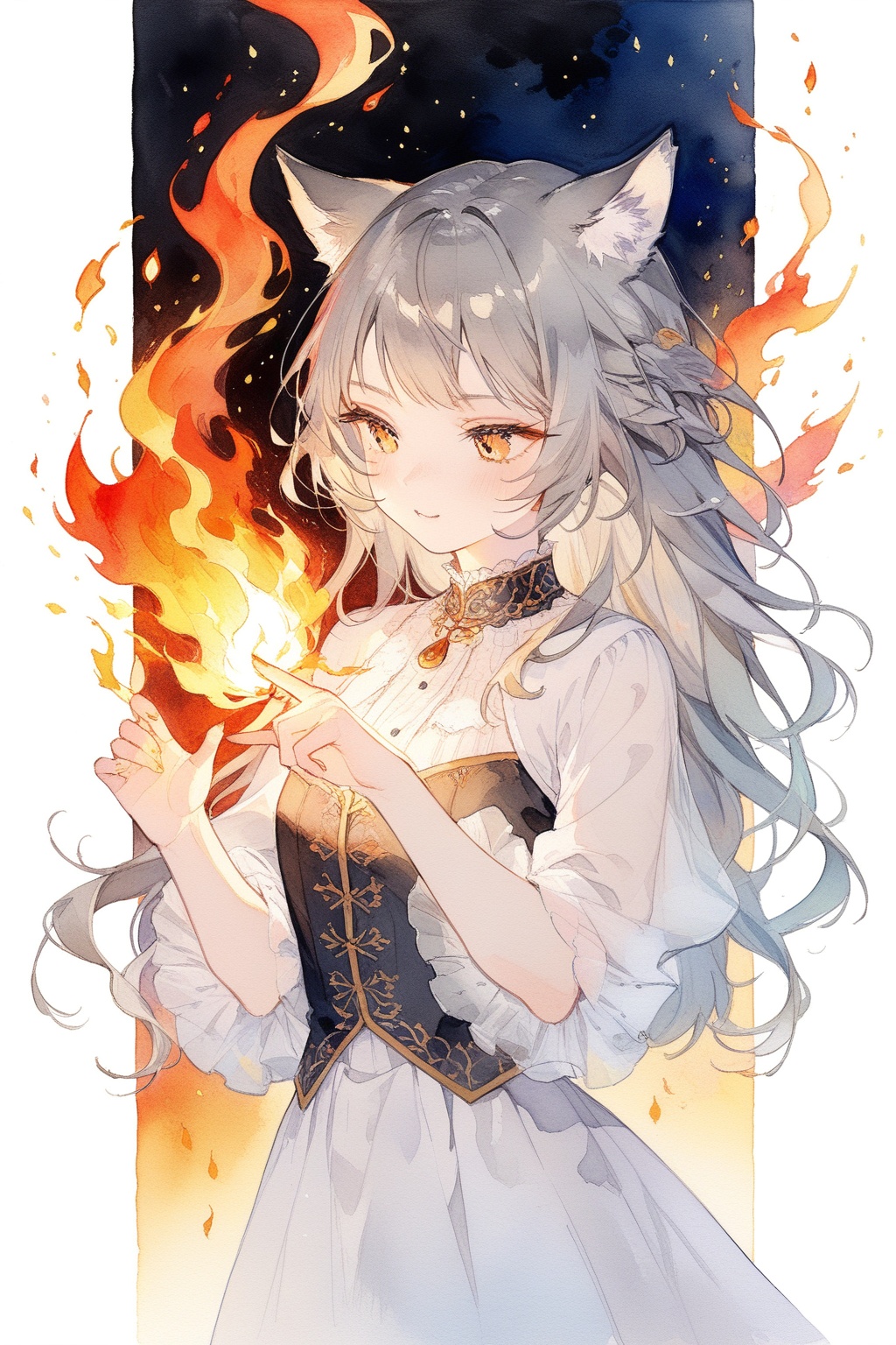 1girl,  wolf girl ,  embracing fire with flickering fingers on Tensor.Art