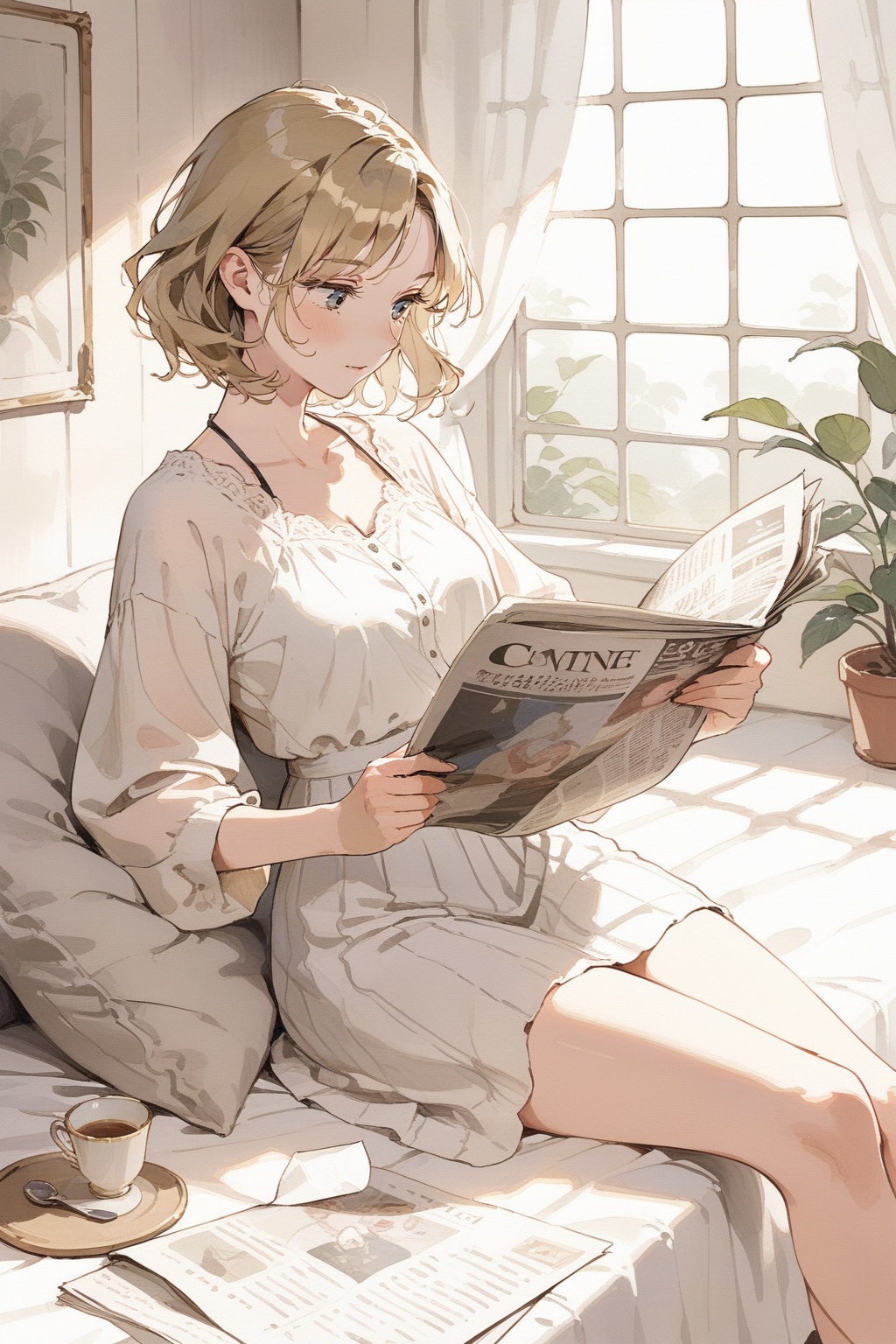 mature female reading a newspaper,  masterpiece,  best quality on Tensor.Art