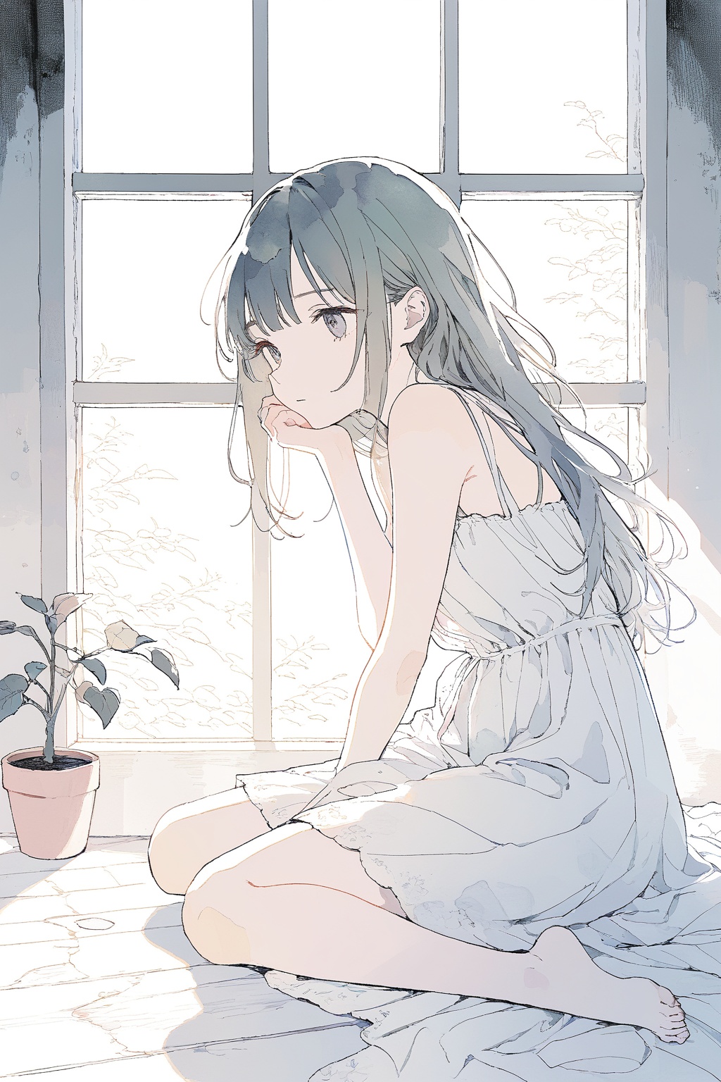 By the window sits a delicately illustrated girl,  exuding a serene yet melancholic air. With simplicity akin to hand-draw...