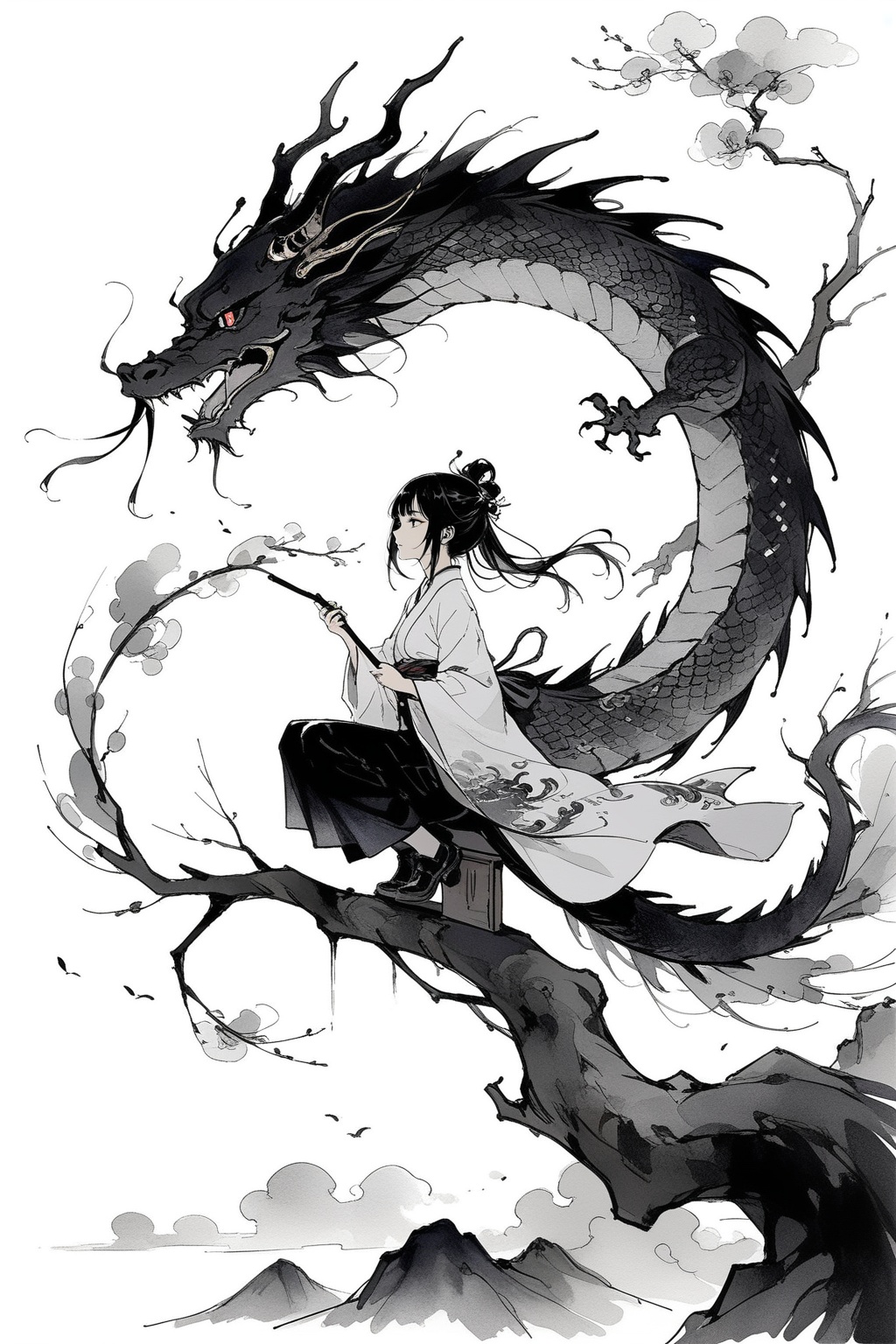 oriental dragon,  ink painting,  1girl on Tensor.Art