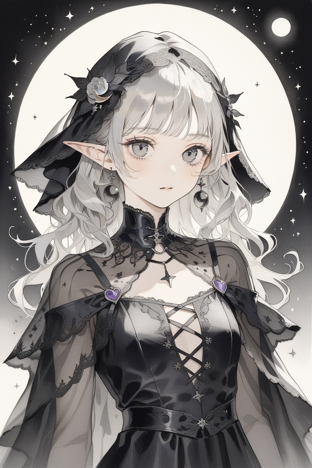 gray hair,  black witch clothes,  moon earrings on Tensor.Art