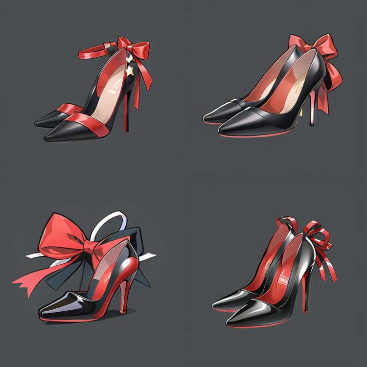 a pair of black high heels with a red bow on the heel of them, with a black and white striped ribbon on the heel, solo, simple_background, bow, ribbon, striped, grey_background, black_footwear, high_heels, red_ribbon, no_humans, bound, striped_bow, striped_ribbon, ankle_ribbon, still_life,(top quality, best quality, official art, graphic design),(best quality, masterpiece:1.2),(((solid color background))),<lora:游戏图标研究所ICON:0.5>