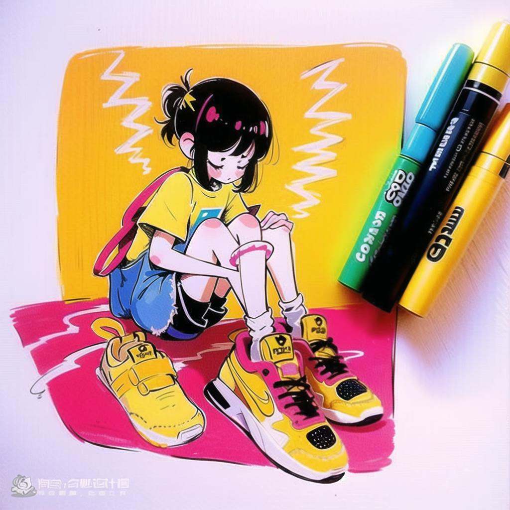 <lora:游戏图标研究所插画:1>a drawing of a girl with a phone and a pair of shoes on her feet with a bag of pens, 1girl, solo, blush, bangs, shirt, black_hair, sitting, full_body, closed_eyes, ponytail, short_sleeves, shoes, shorts, socks, artist_name, signature, medium_hair, bag, english_text, traditional_media, black_shorts, white_socks, sneakers, knees_up, short_ponytail, yellow_shirt, shoulder_bag, pink_footwear, yellow_footwear, lightning_bolt_symbol, marker