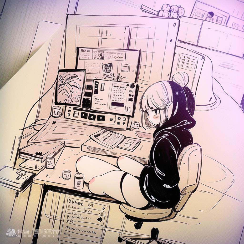 <lora:游戏图标研究所插画:1>a drawing of a girl playing a game on a computer keyboard and a keyboard with a keyboard and a keyboard on the table, 1girl, solo, short_hair, bangs, thighhighs, long_sleeves, sitting, monochrome, greyscale, shoes, shorts, indoors, hood, blunt_bangs, hair_bun, from_side, sleeves_past_wrists, double_bun, hoodie, headphones, chair, traditional_media, phone, hood_down, plant, sneakers, instrument, desk, can, guitar, cable, computer, earphones, monitor, electric_guitar, office_chair, drawing_tablet, nike