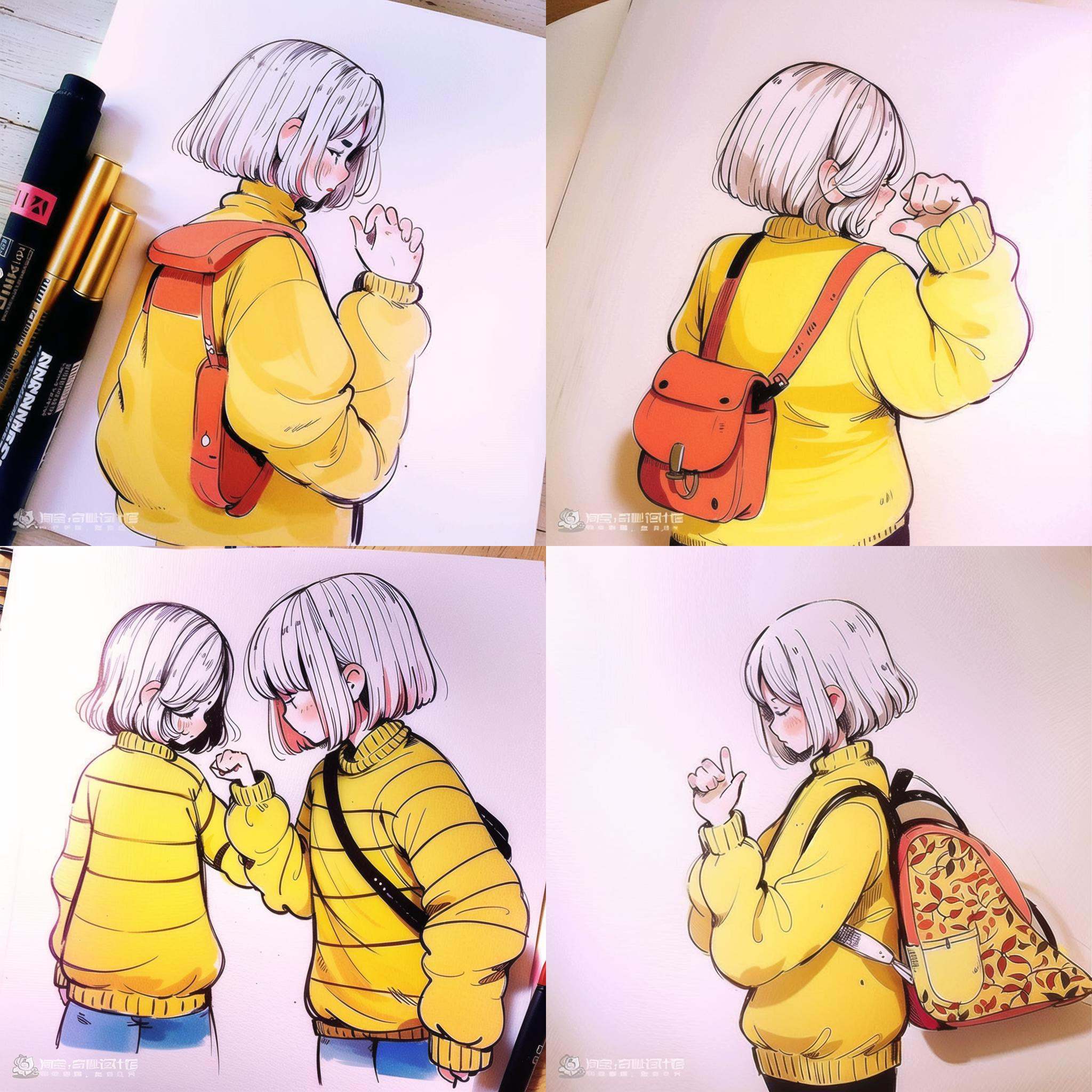 <lora:游戏图标研究所插画:1>g55_\(juse\), a drawing of a woman in a yellow jacket and a pencil and a plant on a table with a marker, 1girl, solo, blush, short_hair, bangs, skirt, long_sleeves, white_background, closed_eyes, white_hair, cowboy_shot, hand_up, bag, sweater, profile, leaf, traditional_media, backpack, yellow_shirt, yellow_sweater