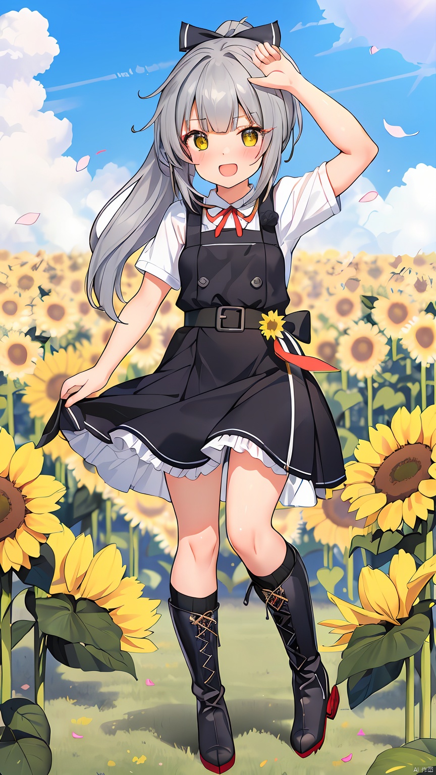  (masterpiece),(bestquality),nai3,loli,1girl, kasumi (kancolle), flower, kasumi kai ni (kancolle), bird, dress, sunflower, long hair, socks, outdoors, white shirt, shirt, solo, grey hair, sky, short sleeves, day, ribbon, side ponytail, cloud, black dress, black socks, yellow eyes, black ribbon, yellow flower, kneehighs, pinafore dress, brown footwear, hair ribbon, open mouth, cross-laced footwear, boots, smile, blue sky, ponytail, full body, collared shirt, lace-up boots, belt, petals, red ribbon, outstretched arms, blush
