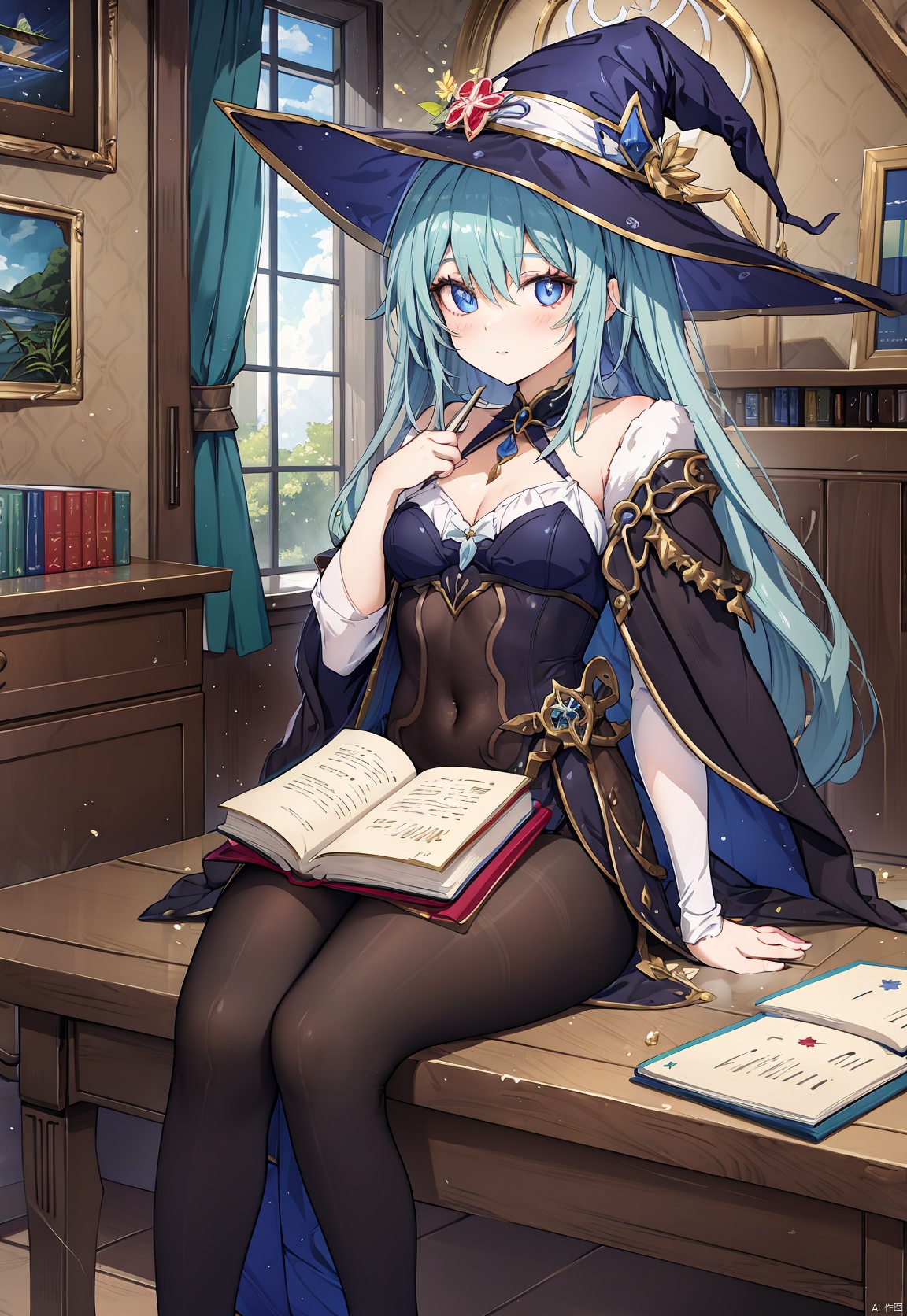 A woman with long hair and a witch hat sat on a table by the window,  holding a book,  an artwork on Tensor.Art
