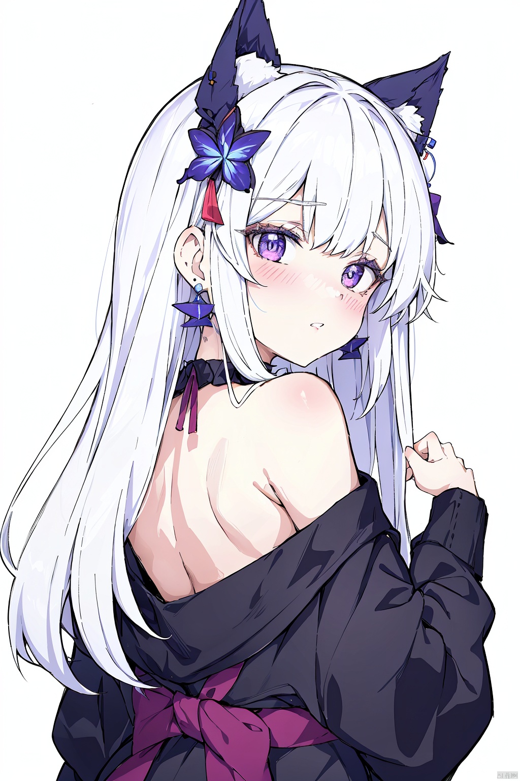  anime style,anime screen,1girl, solo, purple eyes, long hair, white background, looking at viewer, jewelry, simple background, earrings, blush, white hair, bangs, braid, upper body, bare shoulders, looking back, parted lips, off shoulder, hair ornament, ribbon, long sleeves, shirt, dress, hair ribbon, white shirt, frills,(butterfly)