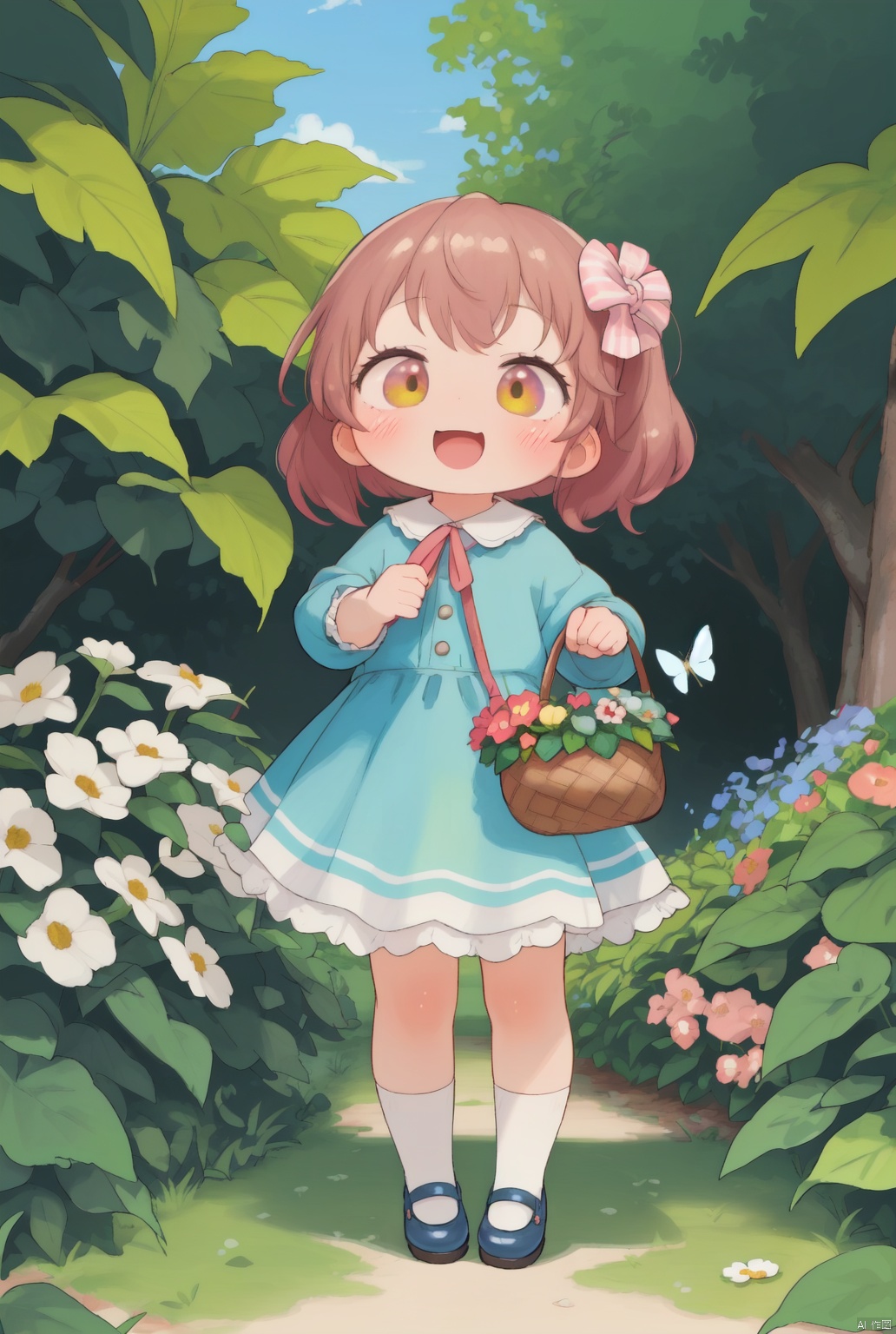 A little girl standing in a blooming garden, dressed in an exquisite pink lace dress, white leather shoes on her feet. Her hair tied with pink ribbons into two cute ponytails, a pure smile on her face. Sunlight filtering through the gaps in the leaves, creating dappled shadows beside her. She is holding a lace-decorated basket filled with freshly picked flowers and colorful eggs, with butterflies fluttering around, high-quality image, HD, digital art, detailed, vibrant, cinematic, wholesome, joyful, outdoor, natural light, concept art, trending on ArtStation, by Sakimi Chan, WLOP, Claire Wendling.Open your mouth.
