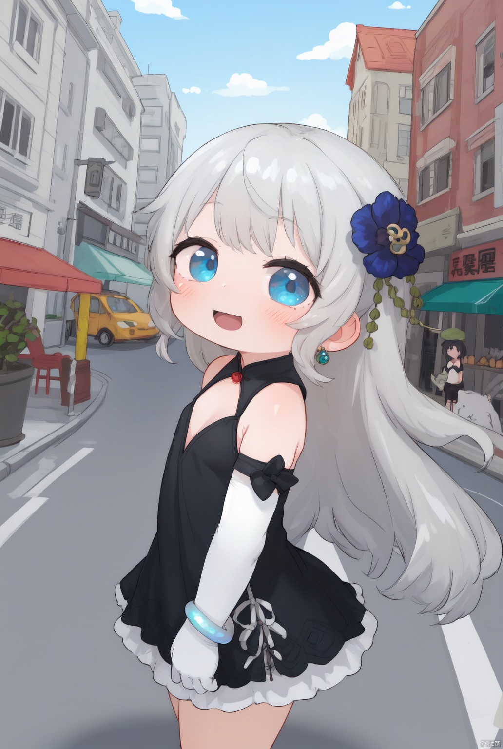 1girl, solo, long hair,looking at viewer, smile, bangs, blue eyes, hair ornament, dress,bare shoulders, jewelry, medium breasts, closed mouth, standing,grey hair, sleeveless, elbow gloves, hair flower,bracelet,black short dress,(tian qi girl),cityscape,lamp,fisheye,Open your mouth,