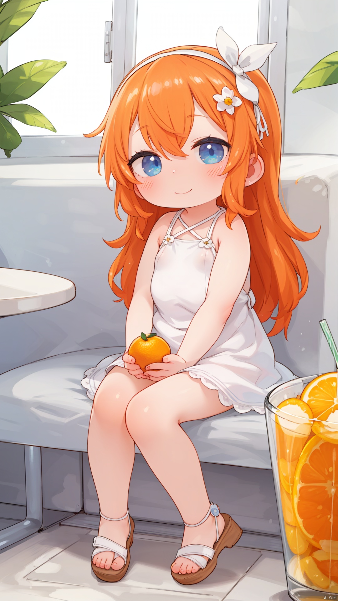  1girl, solo, long hair, looking at viewer, blush, smile, bangs, blue eyes, hair ornament, dress, holding, hair between eyes, bare shoulders, jewelry, sitting, very long hair, closed mouth, full body, flower, hairband, food, sleeveless, white dress, orange hair, cup, bare arms, fruit, sleeveless dress, sandals, white flower, bubble, minigirl, white hairband, in container, orange \(fruit\), submerged, orange slice, huge breasts