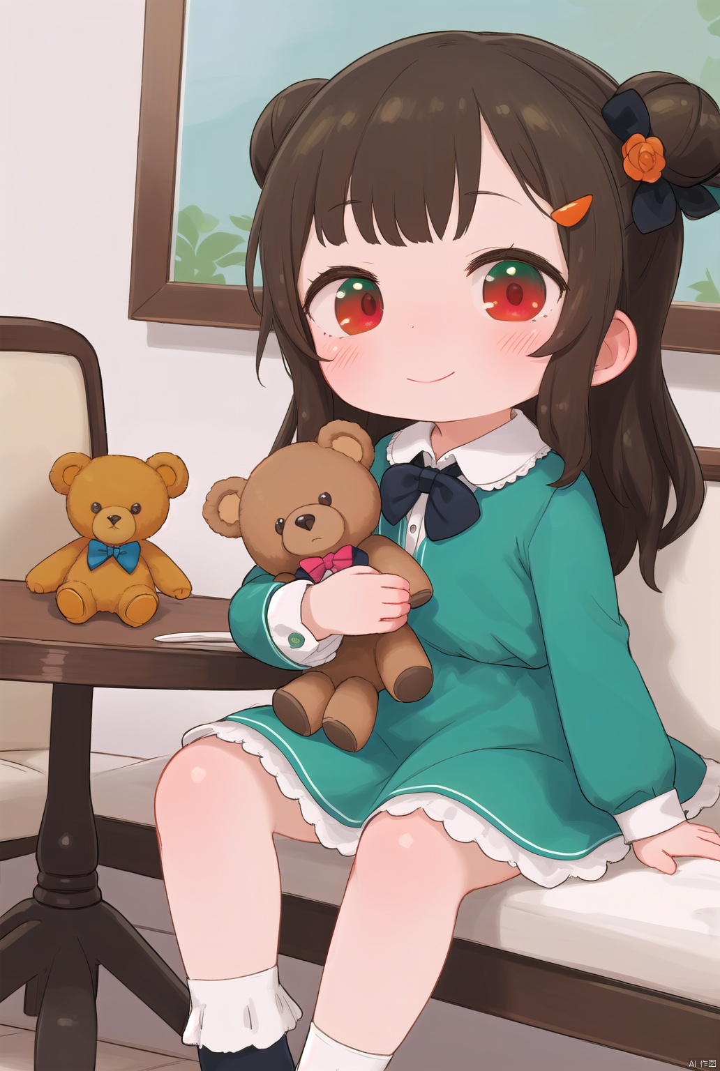 masterpiece), (best quality), loli,1girl,loli,smile,blush,stuffed animal,stuffed toy,solo,dress,long hair,sitting,looking at viewer,teddy bear,holding stuffed toy,long sleeves,hair ornament,hair bun,bow,green dress,orange bow,plaid,blush,socks,frills,bangs,closed mouth,holding,red eyes,orange bowtie,flower,feet out of frame,ribbon,hair ribbon,single side bun,green bow,brown hair,table,blanket,black ribbon,hairclip,collar,bowtie,
