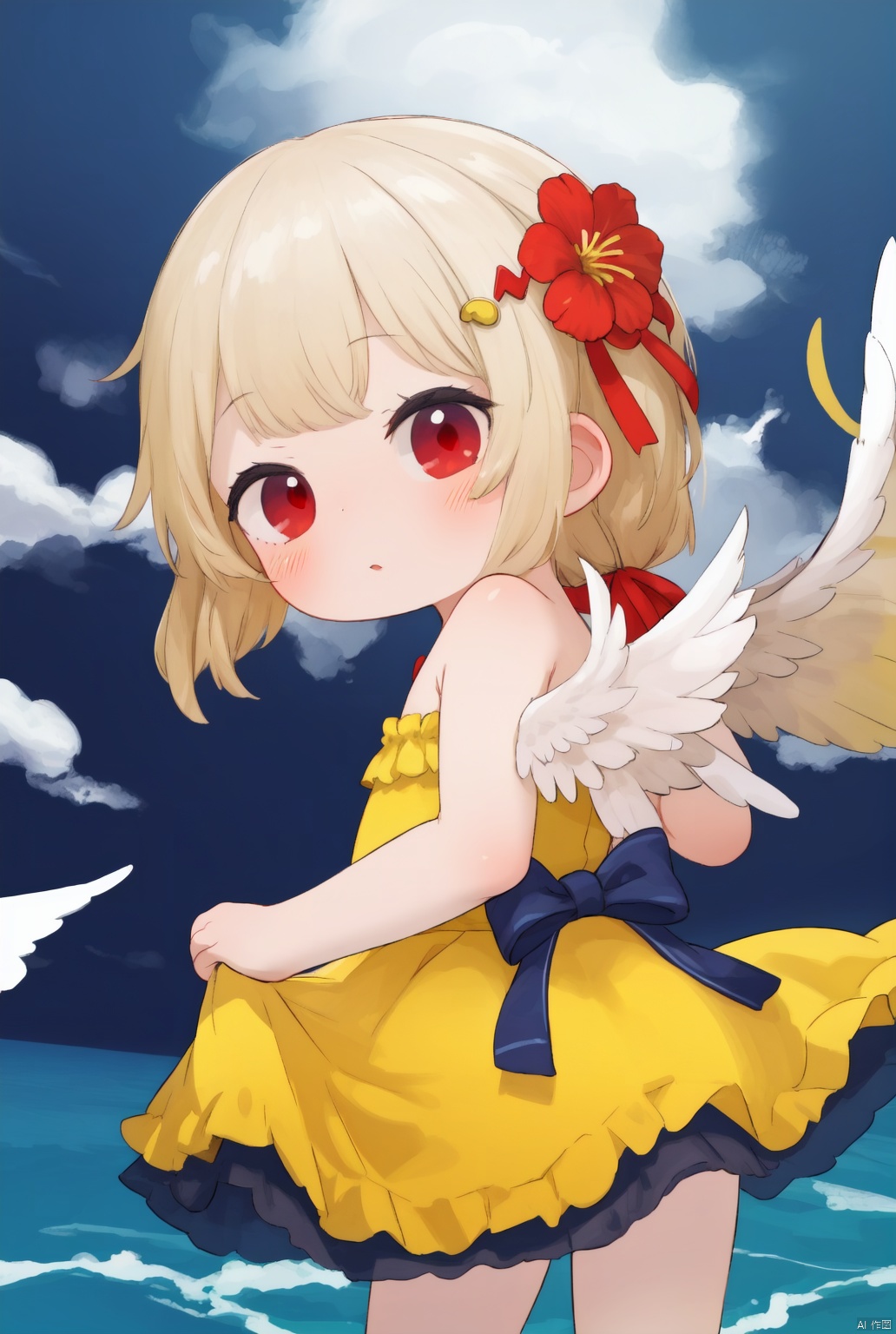 (masterpiece), (best quality),artist WERI, loli,1girl, solo, dress, long hair, looking at viewer, red eyes, hair ornament, veil, very long hair, bare shoulders, bangs, ribbon, skirt hold, strapless dress, looking back, blonde hair, floating hair, wings, flower, frills, strapless, hair flower, sleeveless, bubble, blush, gem