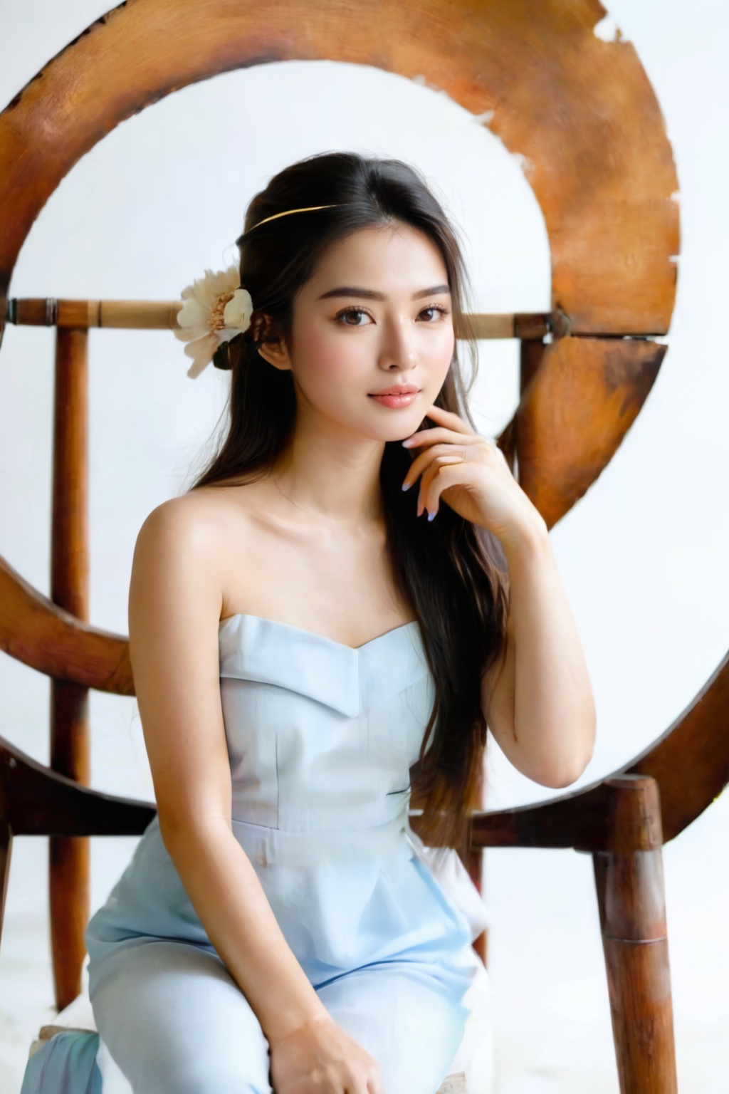 Potrait of a beauty Vietnamese girl is sitting on a wooden chair with a white background behind her. The studio light is p...