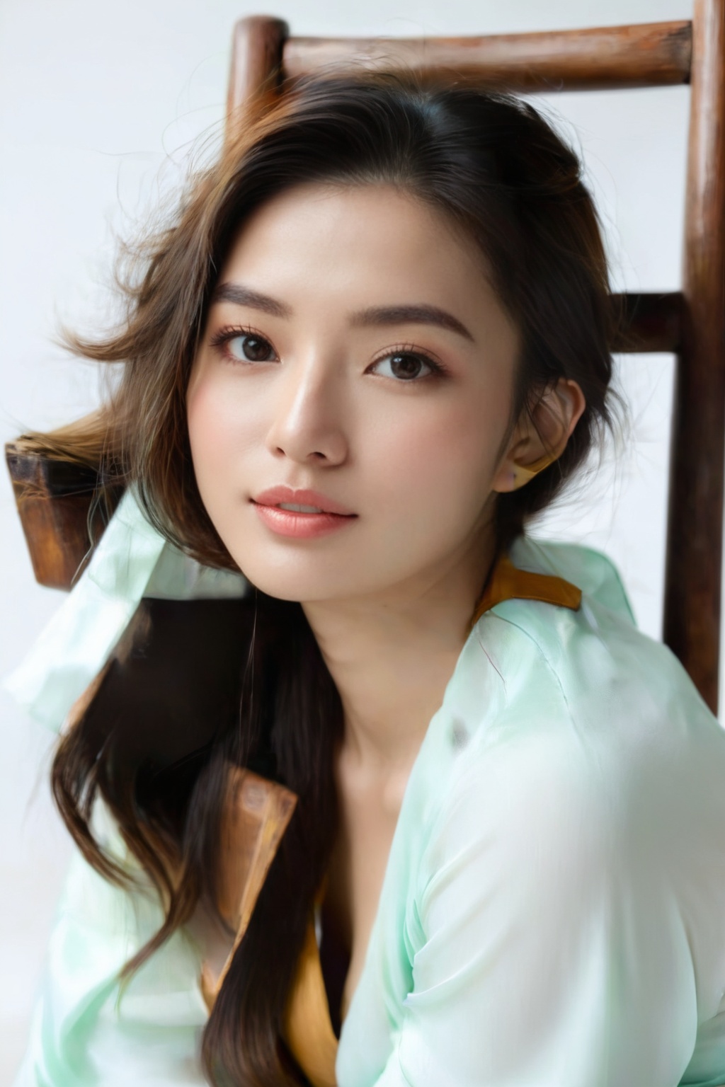 Potrait of a beauty Vietnamese girl is sitting on a wooden chair with a white background behind her. The studio light is p...