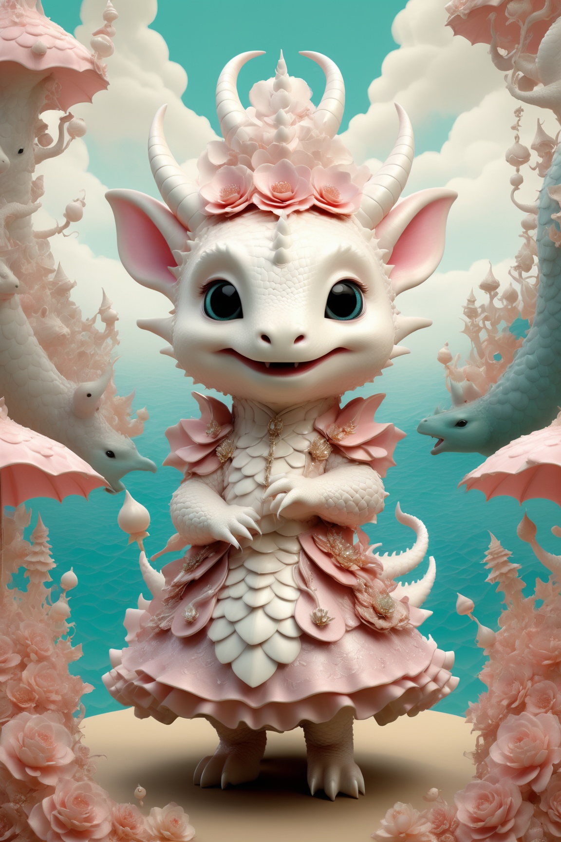 A beautiful and whimsical elusive pop noir surrealism,  art of Dressed animals - cute dragon,  dancing on Tensor.Art