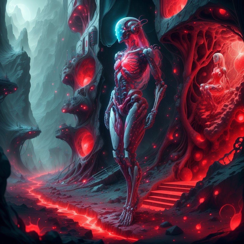 ,, VascularTech, scifi, inner glow, bones ,synthetic girl , full body, on a hill, long hair, epic scenery