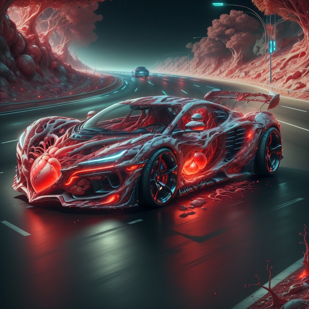 ,, VascularTech, scifi, inner glow, bones ,car, on a highway