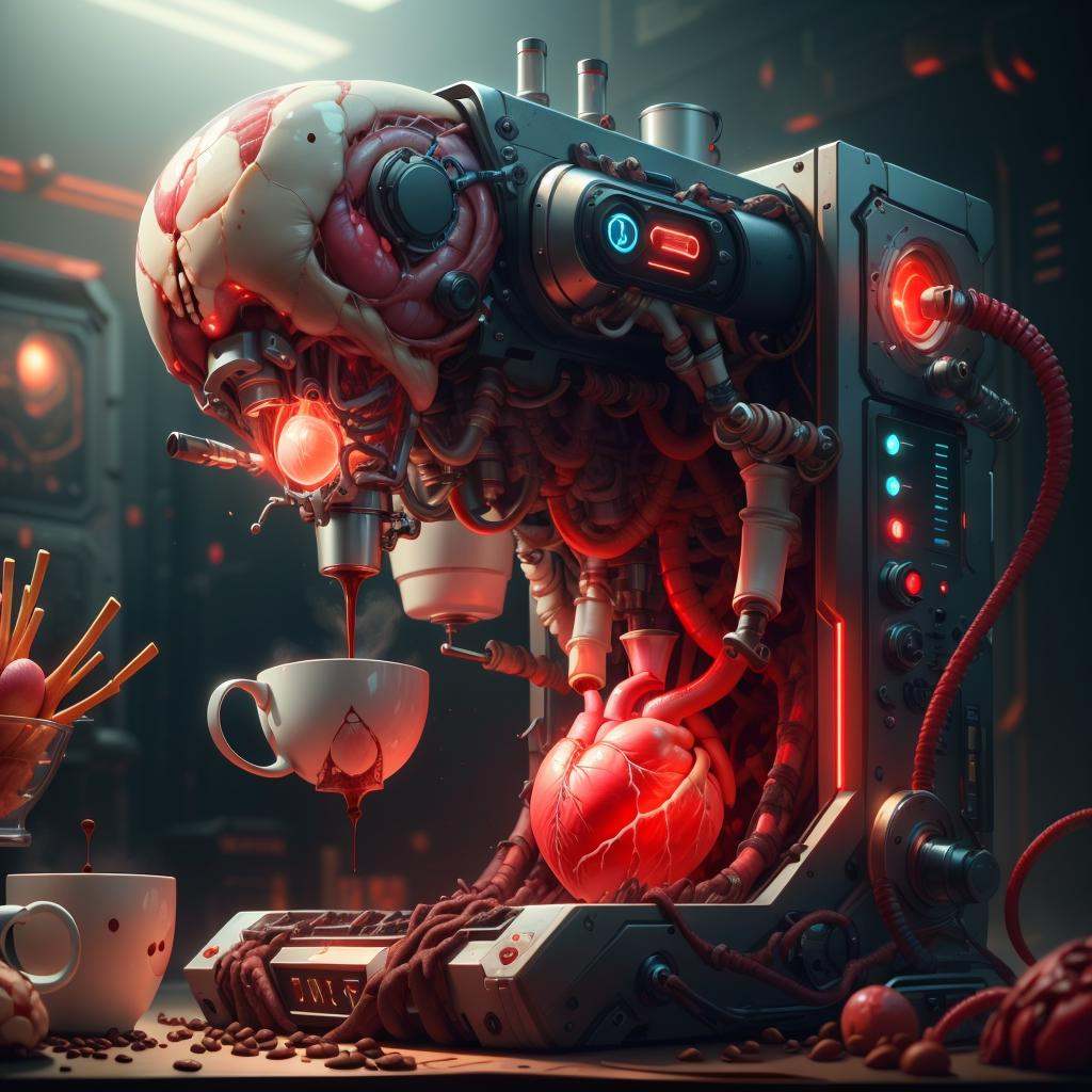 <lora:VascularTech-20:0.85>, VascularTech, scifi, inner glow, bones , coffee machine